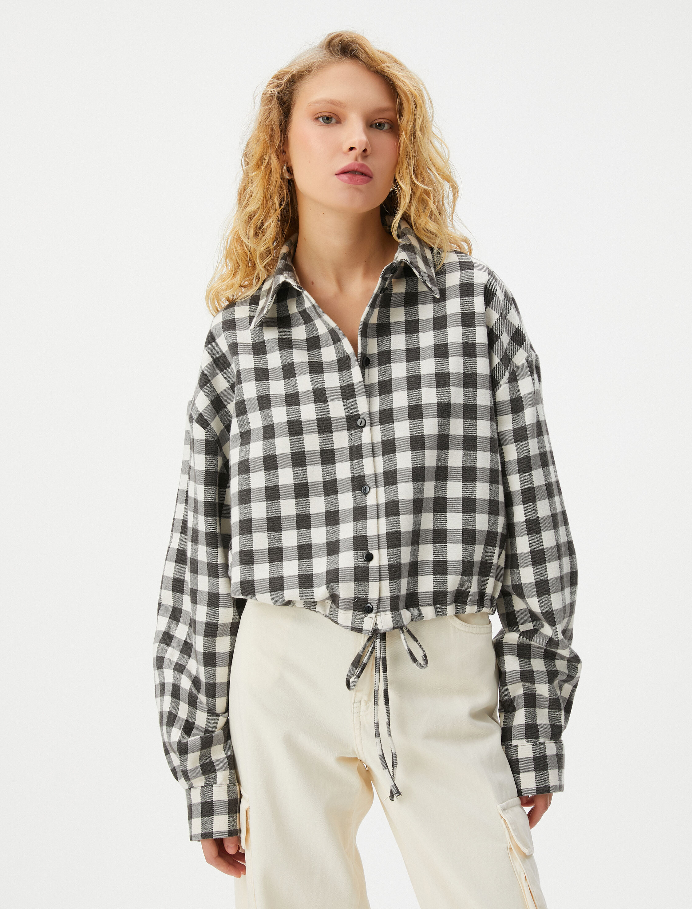   Crop Oduncu Gömlek Beli Bağlamalı Uzun Kollu Yumuşak Dokulu