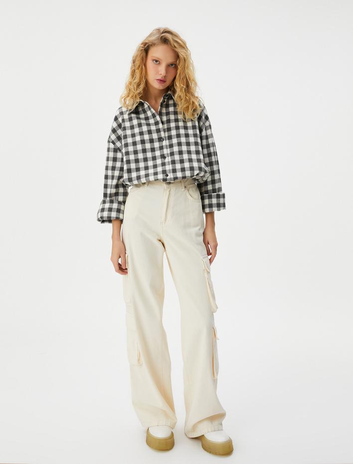  Crop Oduncu Gömlek Beli Bağlamalı Uzun Kollu Yumuşak Dokulu