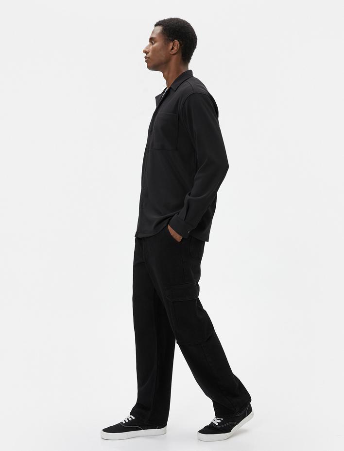  Spor Gömlek Devrik Yaka Cep Detaylı Düğmeli Uzun Kollu