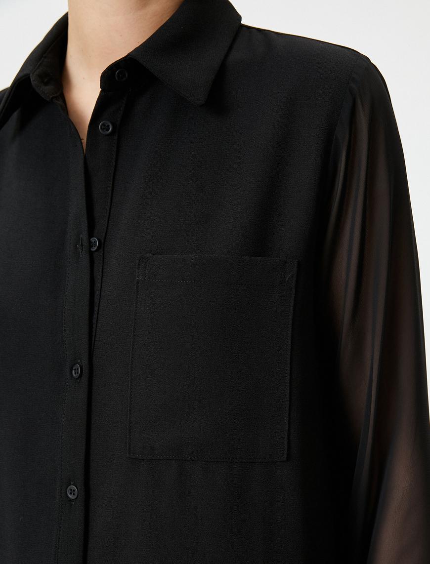   Şifon Gömlek Elbise Midi Düğmeli Cep Detaylı Uzun Kollu