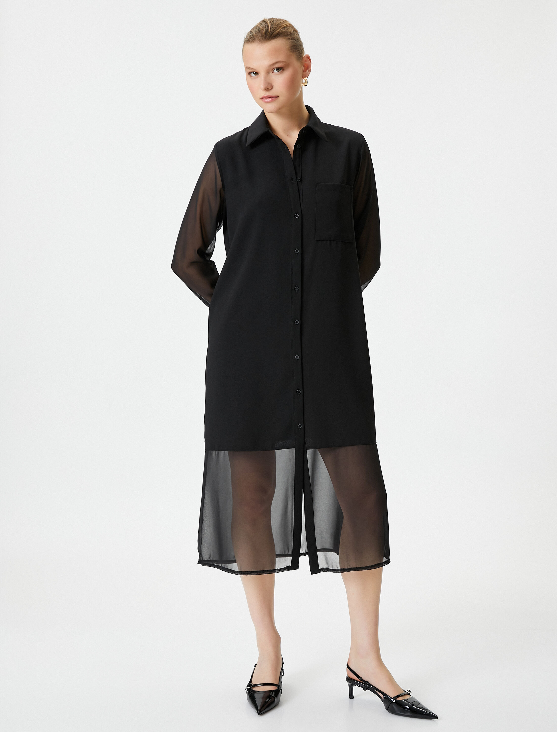   Şifon Gömlek Elbise Midi Düğmeli Cep Detaylı Uzun Kollu