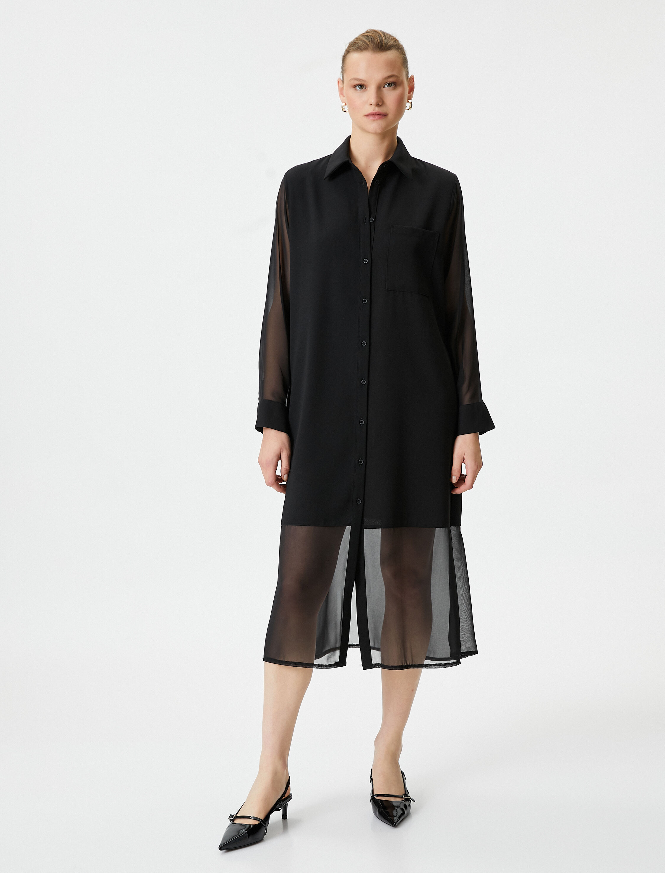   Şifon Gömlek Elbise Midi Düğmeli Cep Detaylı Uzun Kollu