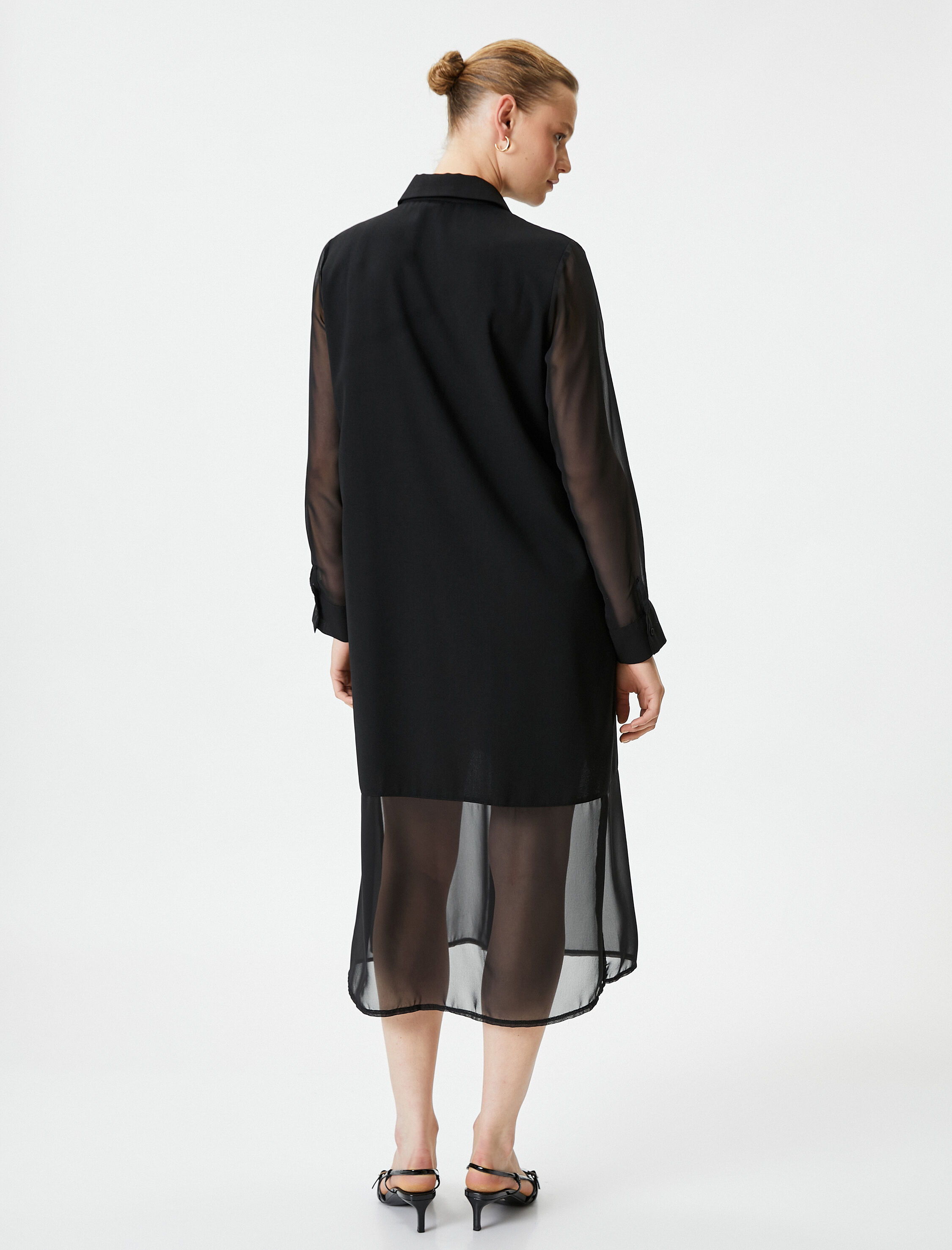   Şifon Gömlek Elbise Midi Düğmeli Cep Detaylı Uzun Kollu