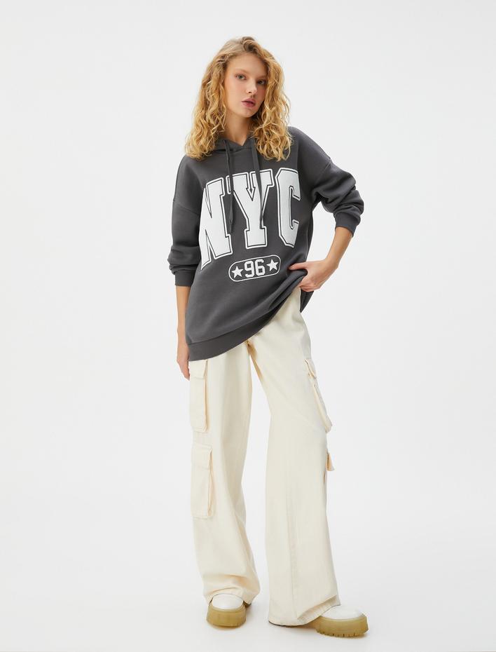  Şardonlu Kolej Kapşonlu Sweatshirt Rahat Kalıp Uzun Kollu