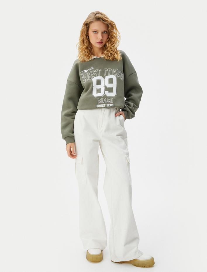  Şardonlu Oversize Sweatshirt Polo Yaka Kolej Baskılı Uzun Kollu