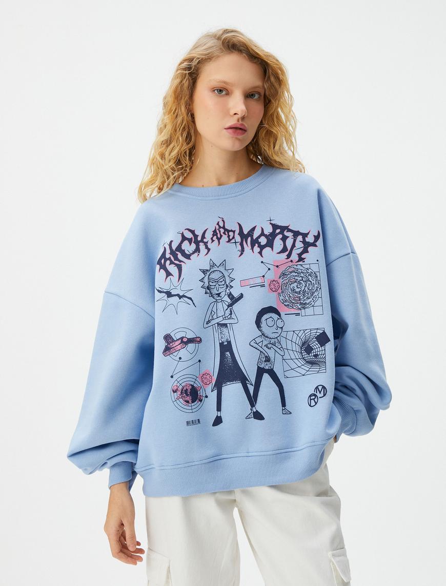   Rick and Morty Sweatshirt Lisanslı Baskılı Uzun Kollu Bisiklet Yaka Pamuk Karışımlı