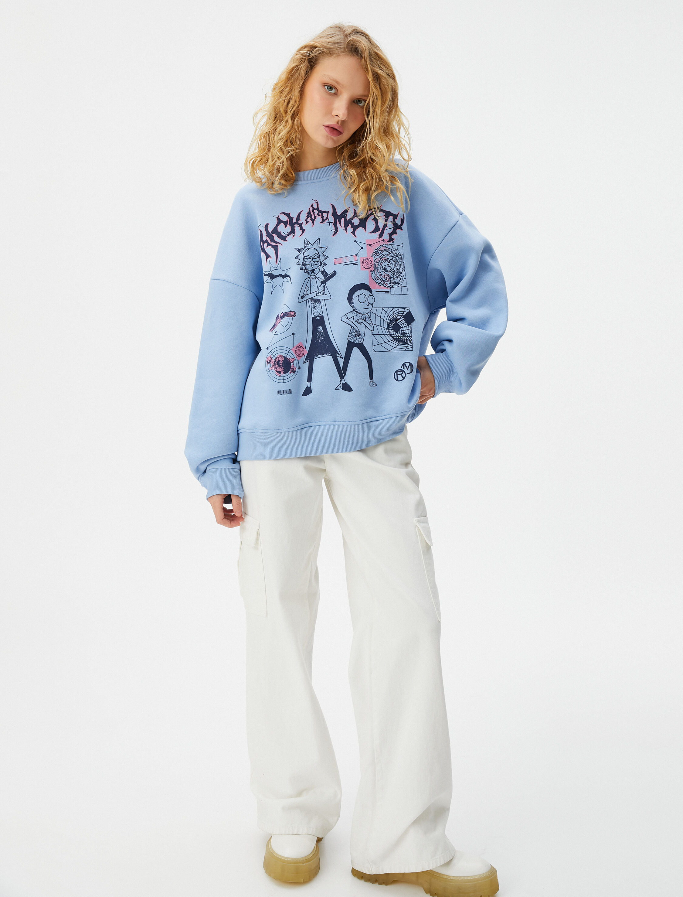   Şardonlu Rick and Morty Sweatshirt Lisanslı Baskılı Uzun Kollu Bisiklet Yaka Pamuk Karışımlı