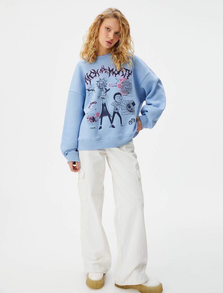   Rick and Morty Sweatshirt Lisanslı Baskılı Uzun Kollu Bisiklet Yaka Pamuk Karışımlı