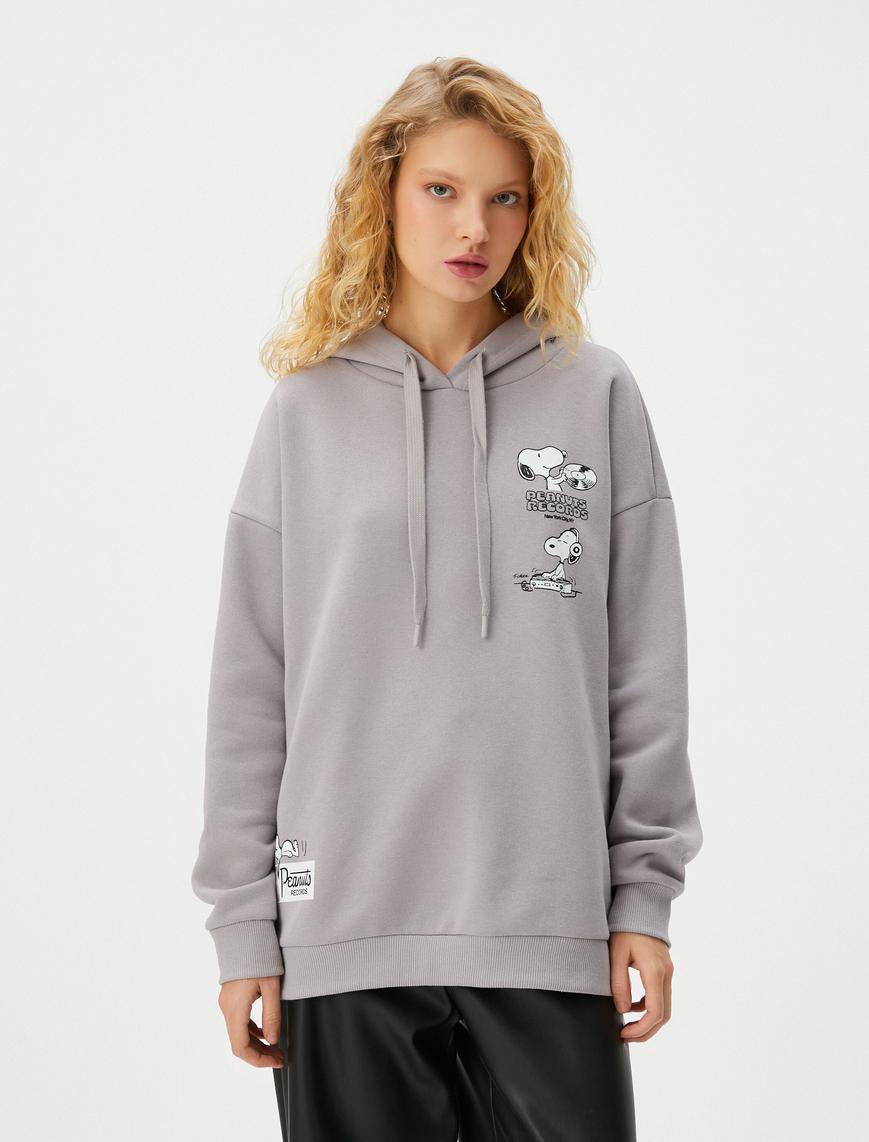   Snoopy Kapşonlu Sweatshirt Lisanslı Arkası Baskılı Pamuk Karışımlı Rahat Kalıp