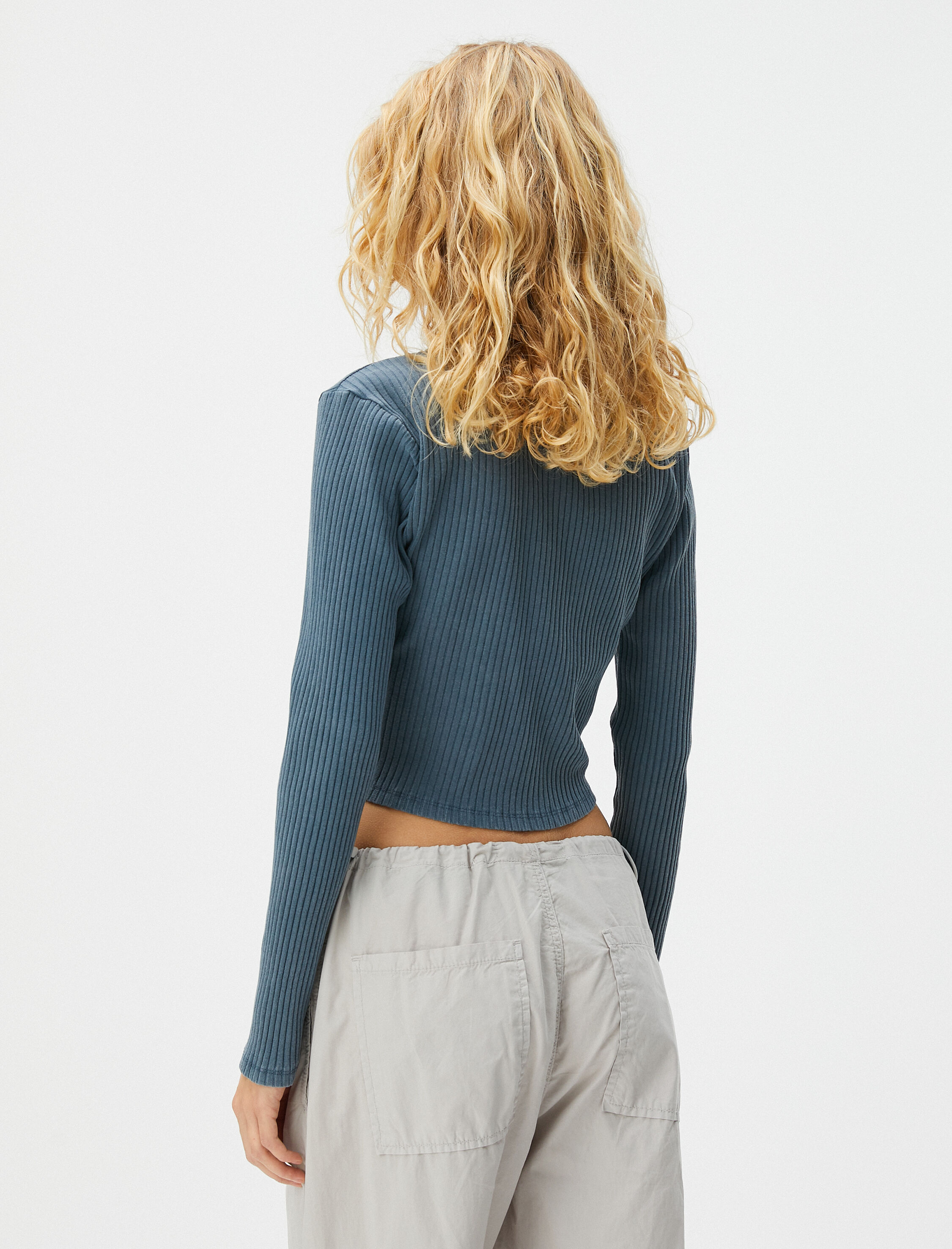   Basic Crop Tişört Soluk Efektli Uzun Kollu Bisiklet Yaka Kaşkorse Pamuklu Slim Fit