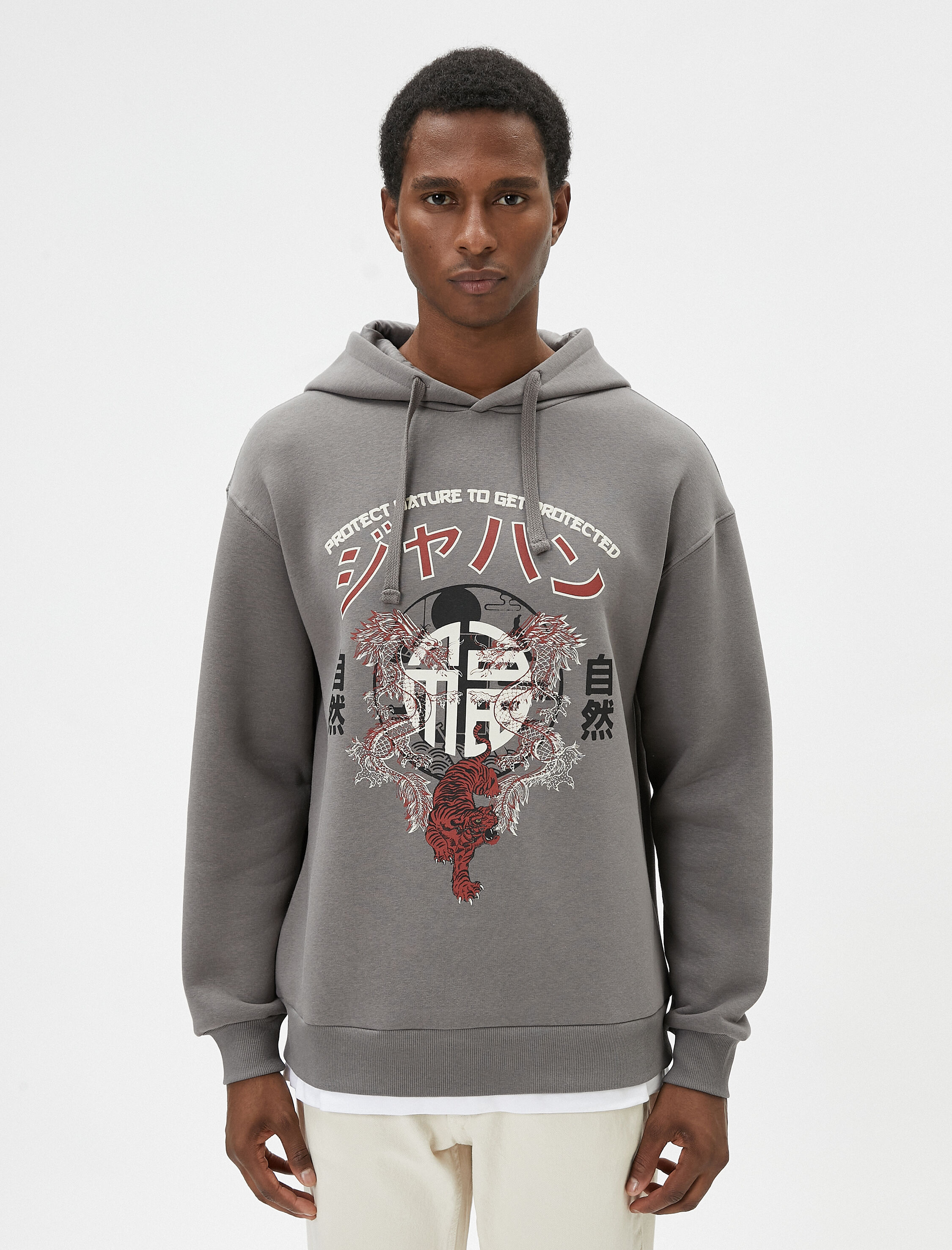   Baskılı Oversize Sweatshirt Kapşonlu Uzakdoğu Temalı Şardonlu