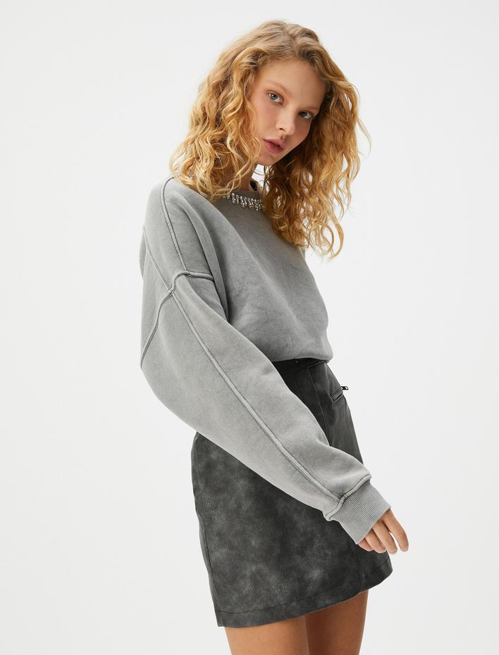  Şardonlu Taşlı Sweatshirt Oversize Soluk Efektli Uzun Kollu Bisiklet Yaka Pamuk Karışımlı