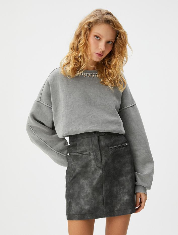  Şardonlu Taşlı Sweatshirt Oversize Soluk Efektli Uzun Kollu Bisiklet Yaka Pamuk Karışımlı
