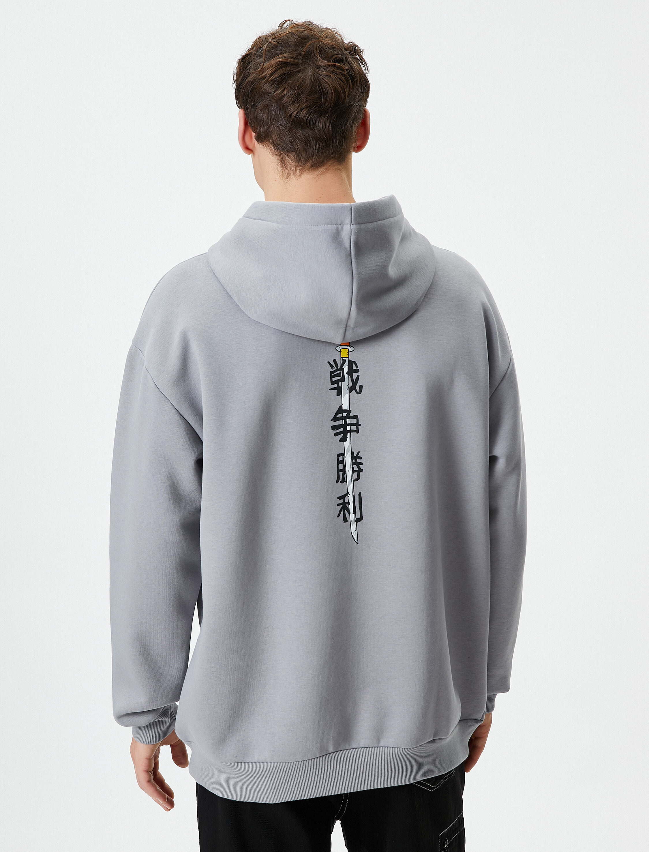 Arkası Baskılı Sweatshirt Oversize Kapşonlu Uzakdoğu Temalı Şardonlu