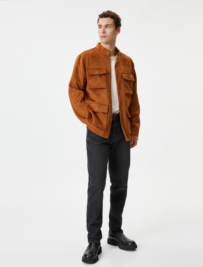  Gömlek Ceket Süet Görünümlü Slim Fit Cep Detaylı Düğmeli