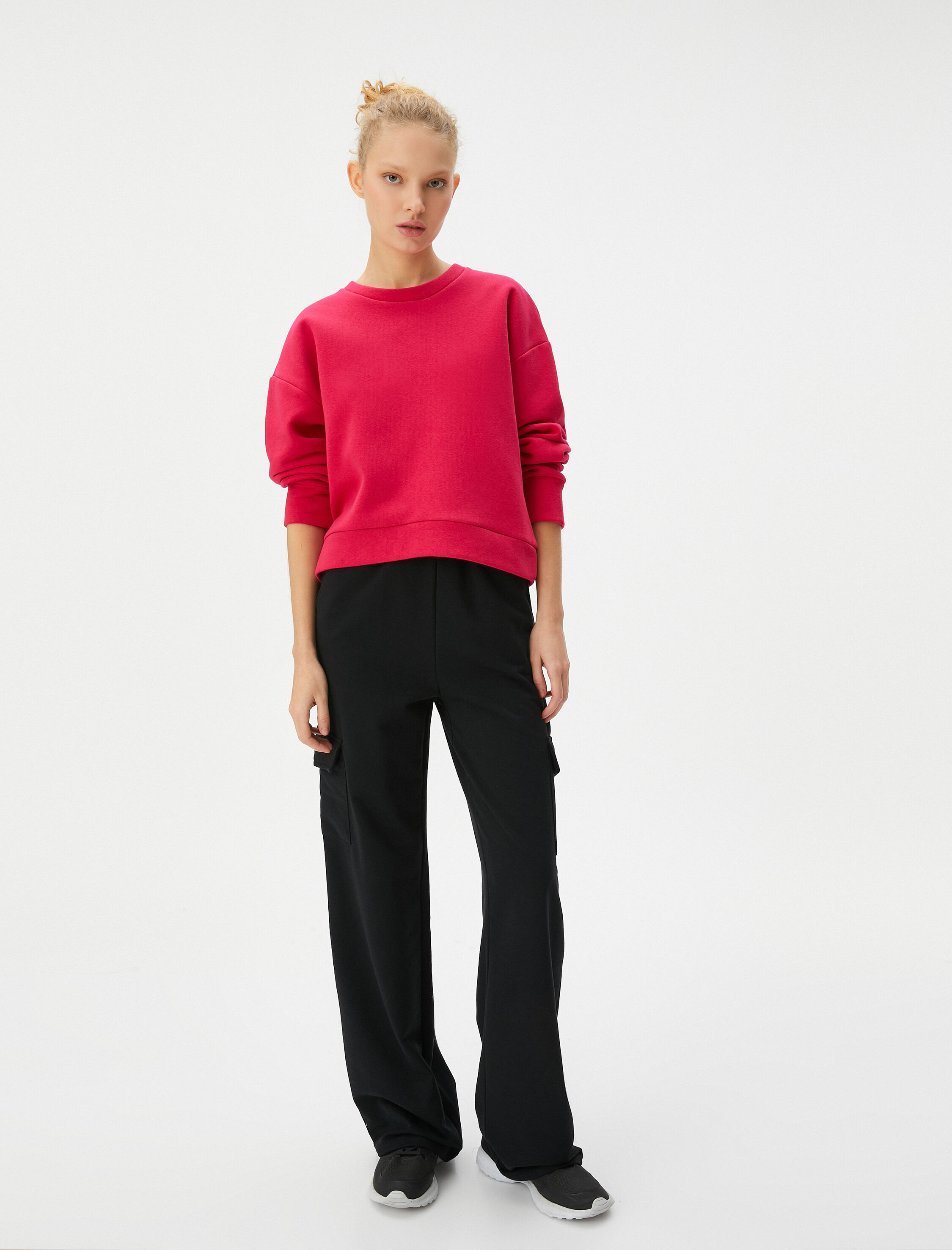   Basic Spor Şardonlu Sweatshirt Rahat Kalıp Pamuk Karışımlı Bisiklet Yaka