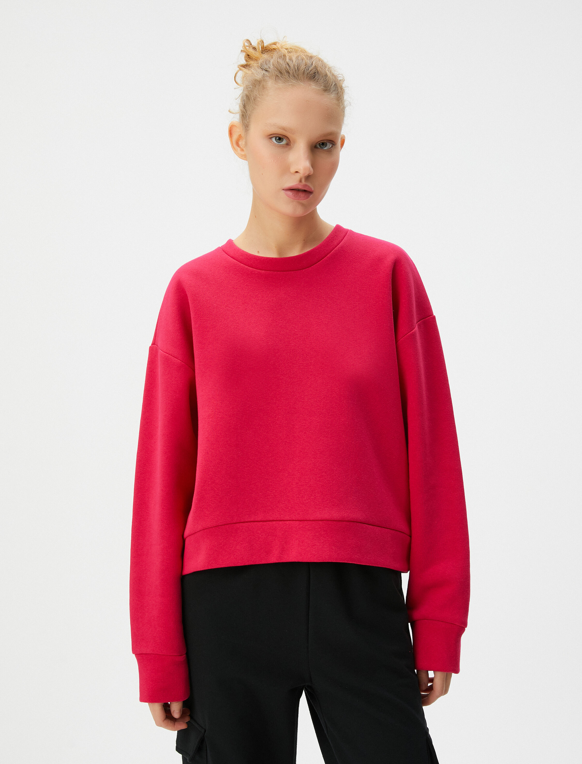   Basic Spor Şardonlu Sweatshirt Rahat Kalıp Pamuk Karışımlı Bisiklet Yaka