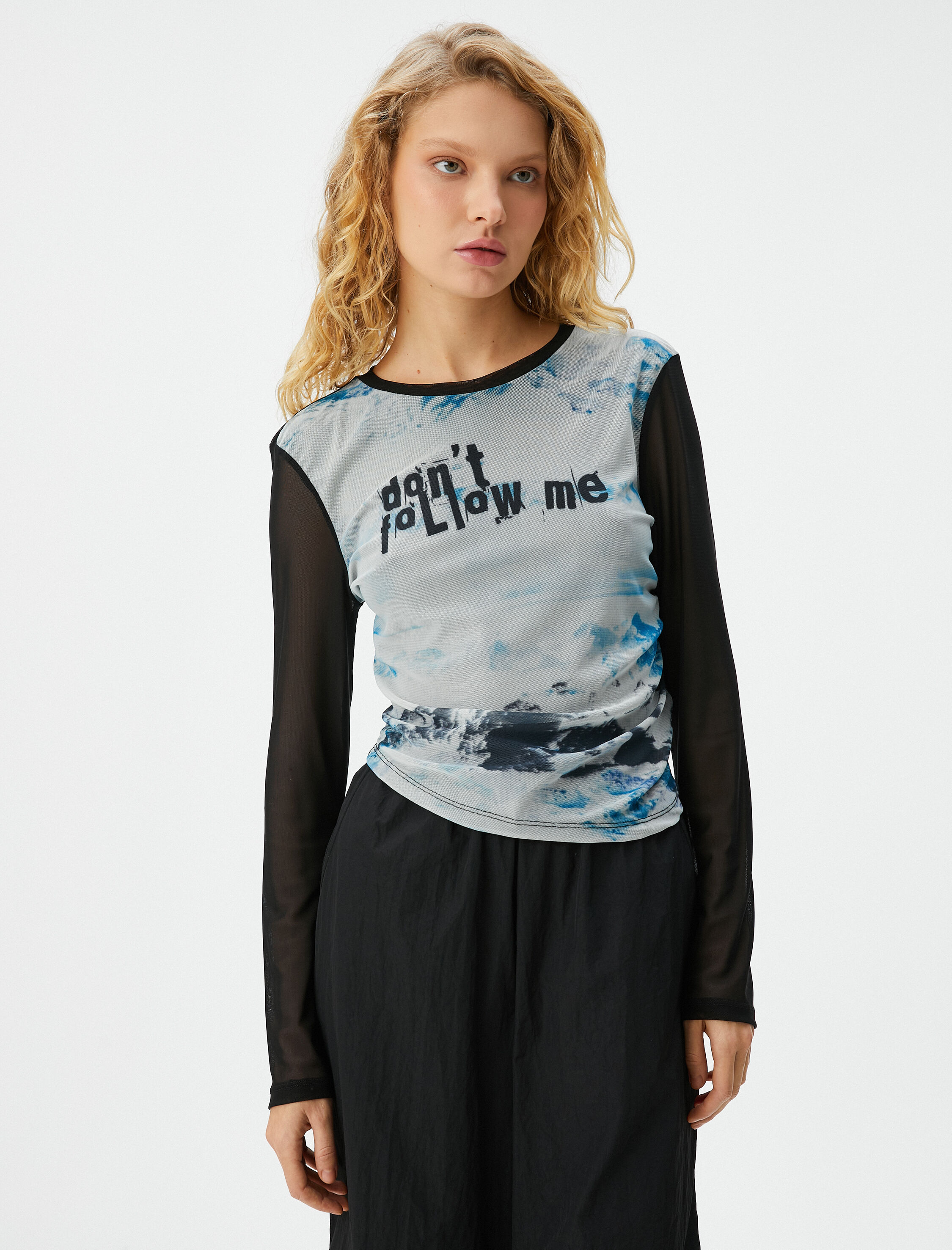   Tül Tişört Batik Desenli Slogan Baskılı Uzun Kollu Bisiklet Yaka