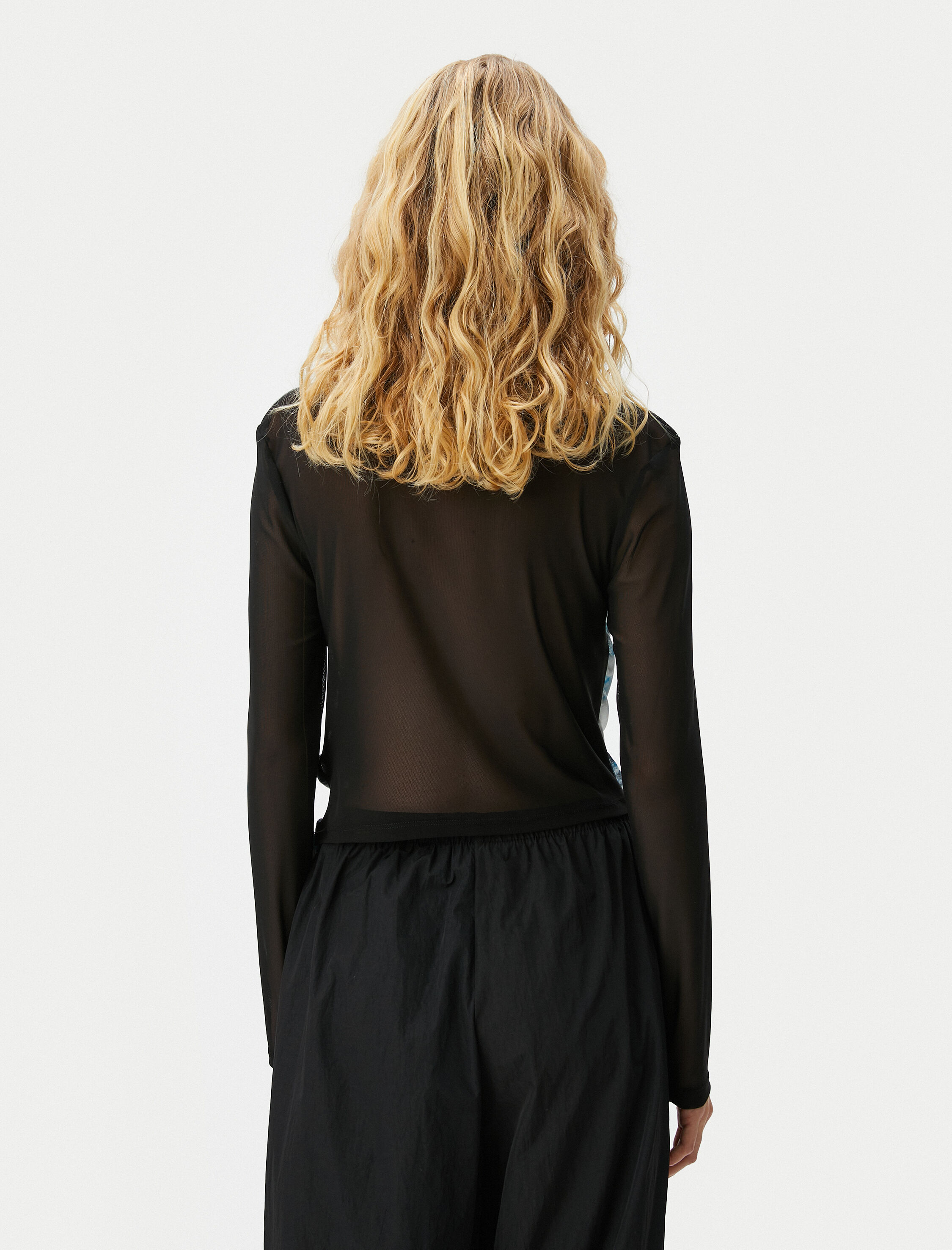   Tül Tişört Batik Desenli Slogan Baskılı Uzun Kollu Bisiklet Yaka