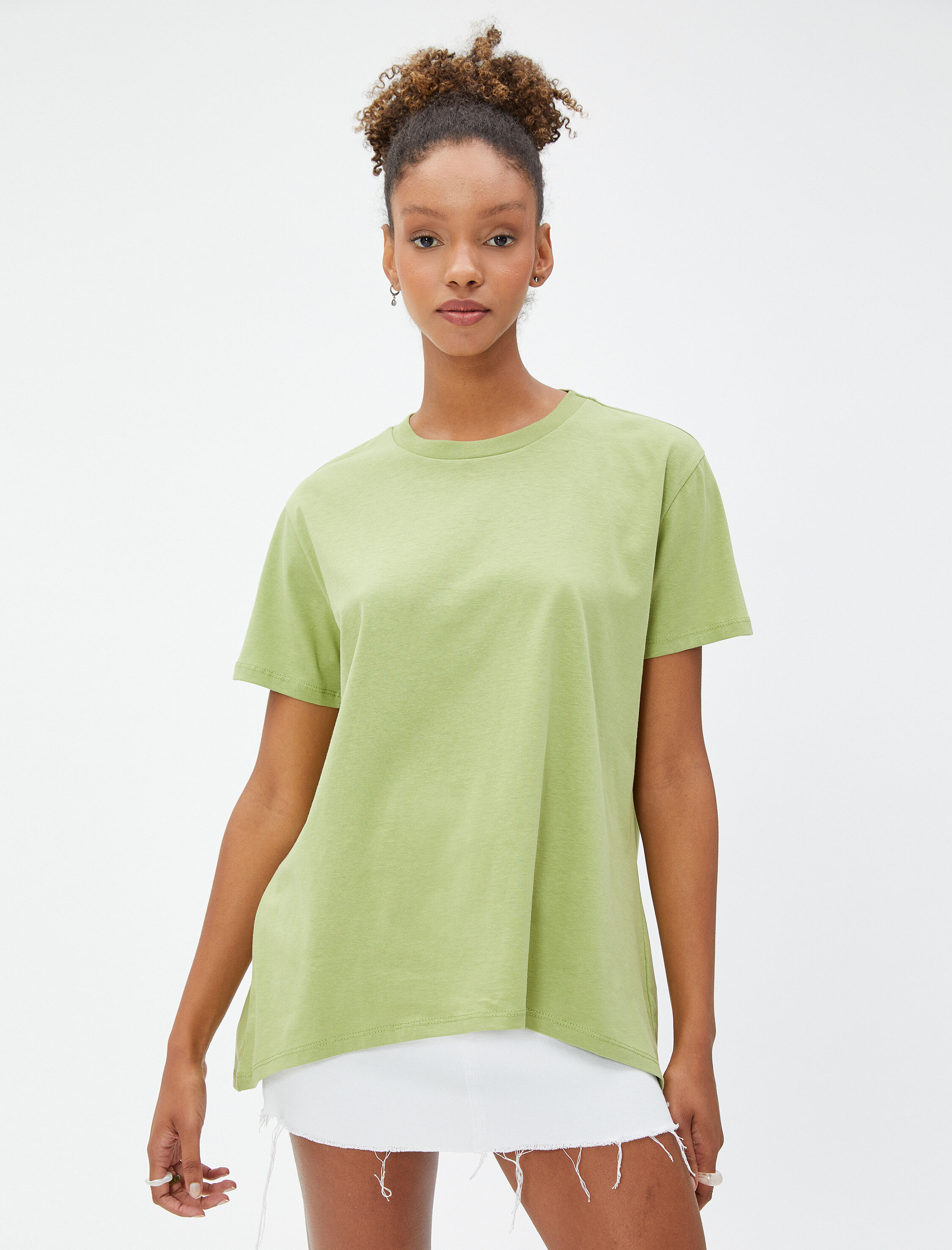   Basic Tişört Kısa Kollu Bisiklet Yaka Asimetrik Kesim