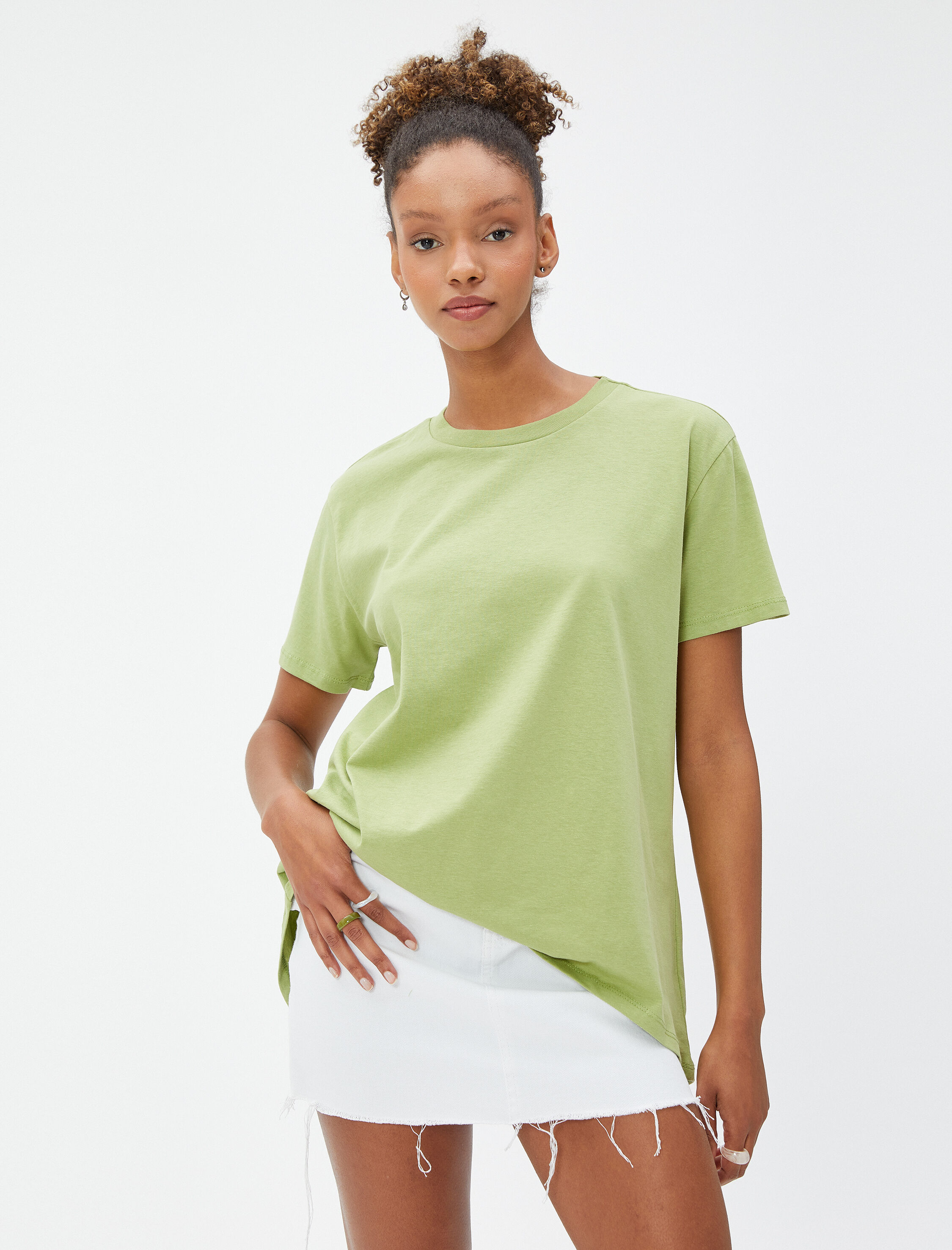   Basic Tişört Kısa Kollu Bisiklet Yaka Asimetrik Kesim