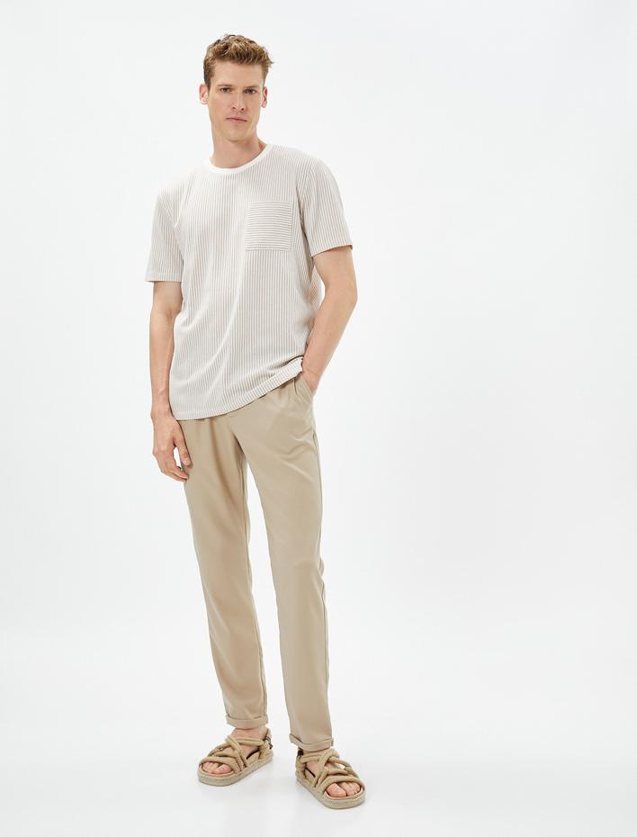  Beli Lastikli Pantolon Slim Fit Düğmeli Cepli Viskon Karışımlı