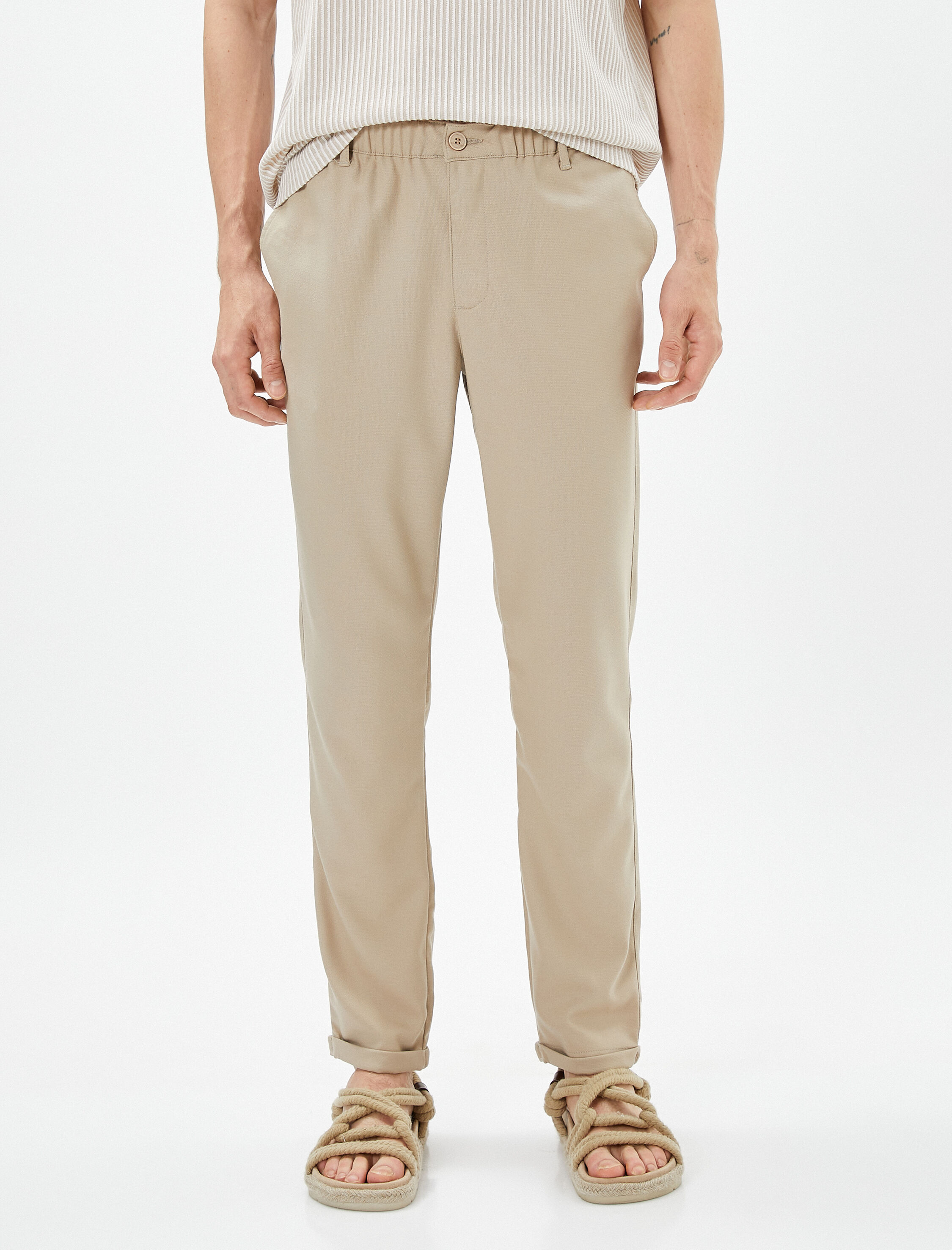   Beli Lastikli Pantolon Slim Fit Düğmeli Cepli Viskon Karışımlı