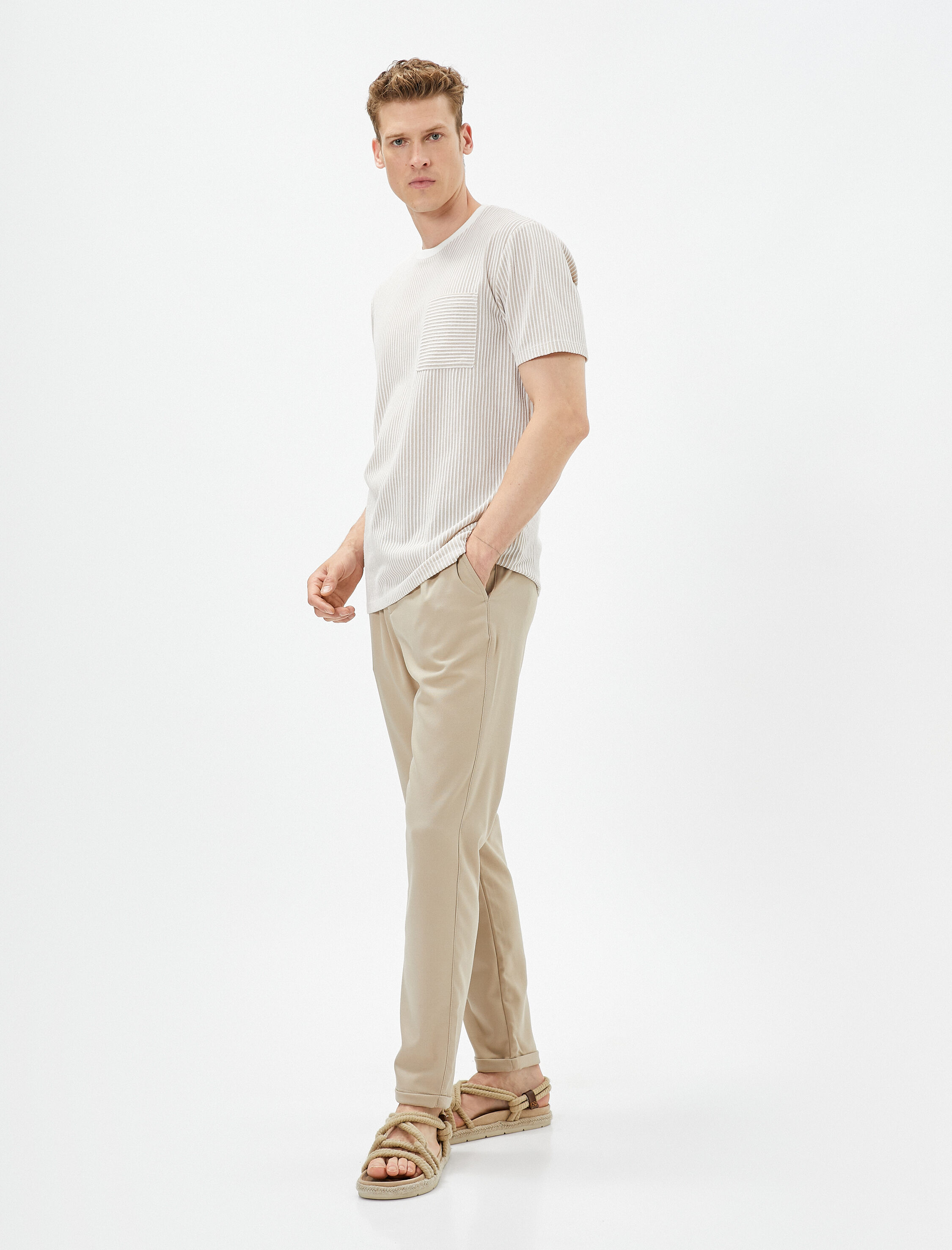   Beli Lastikli Pantolon Slim Fit Düğmeli Cepli Viskon Karışımlı