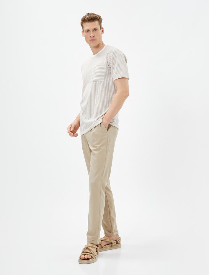  Beli Lastikli Pantolon Slim Fit Düğmeli Cepli Viskon Karışımlı