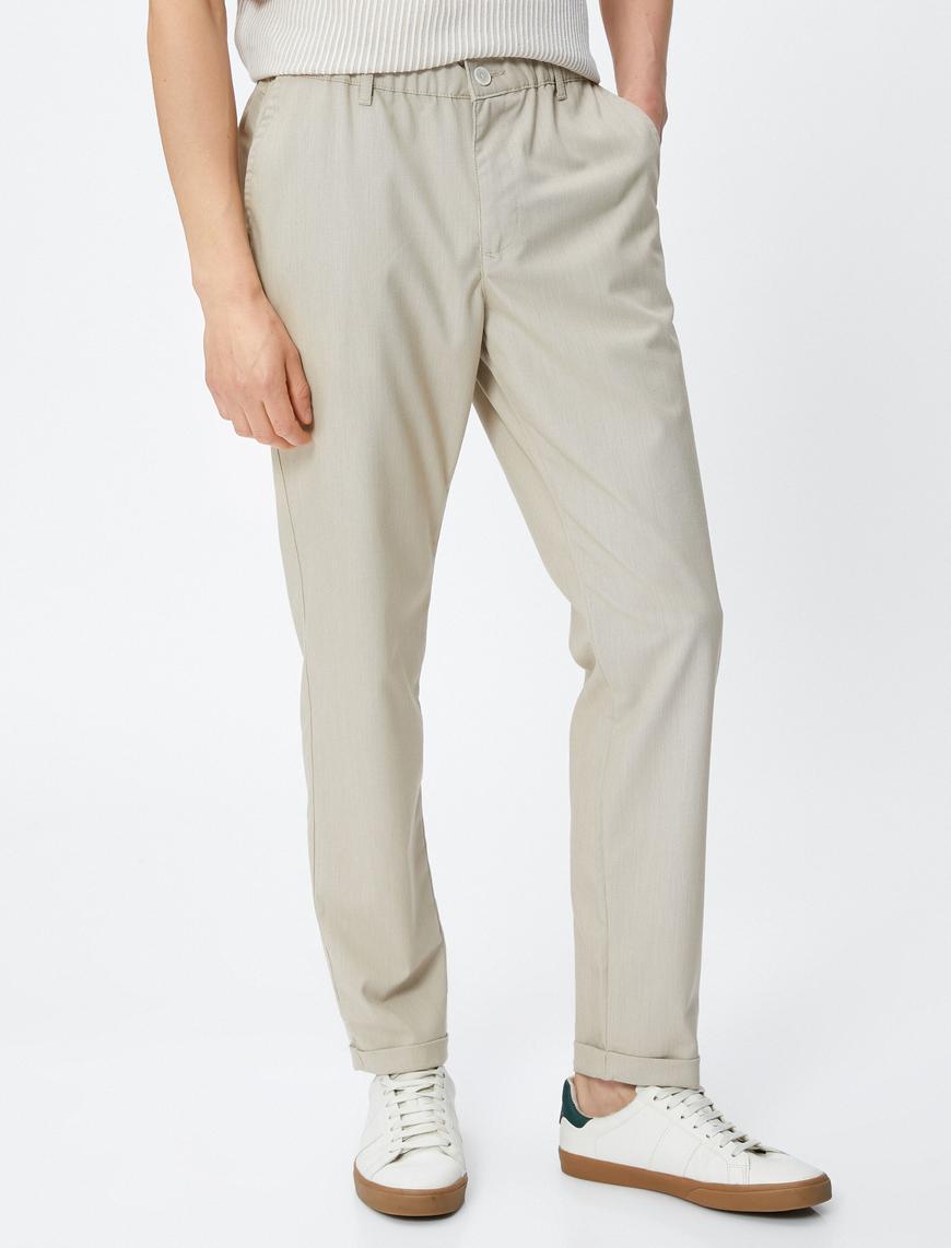   Klasik Pantolon Slim Fit Beli Lastikli Düğmeli Cepli