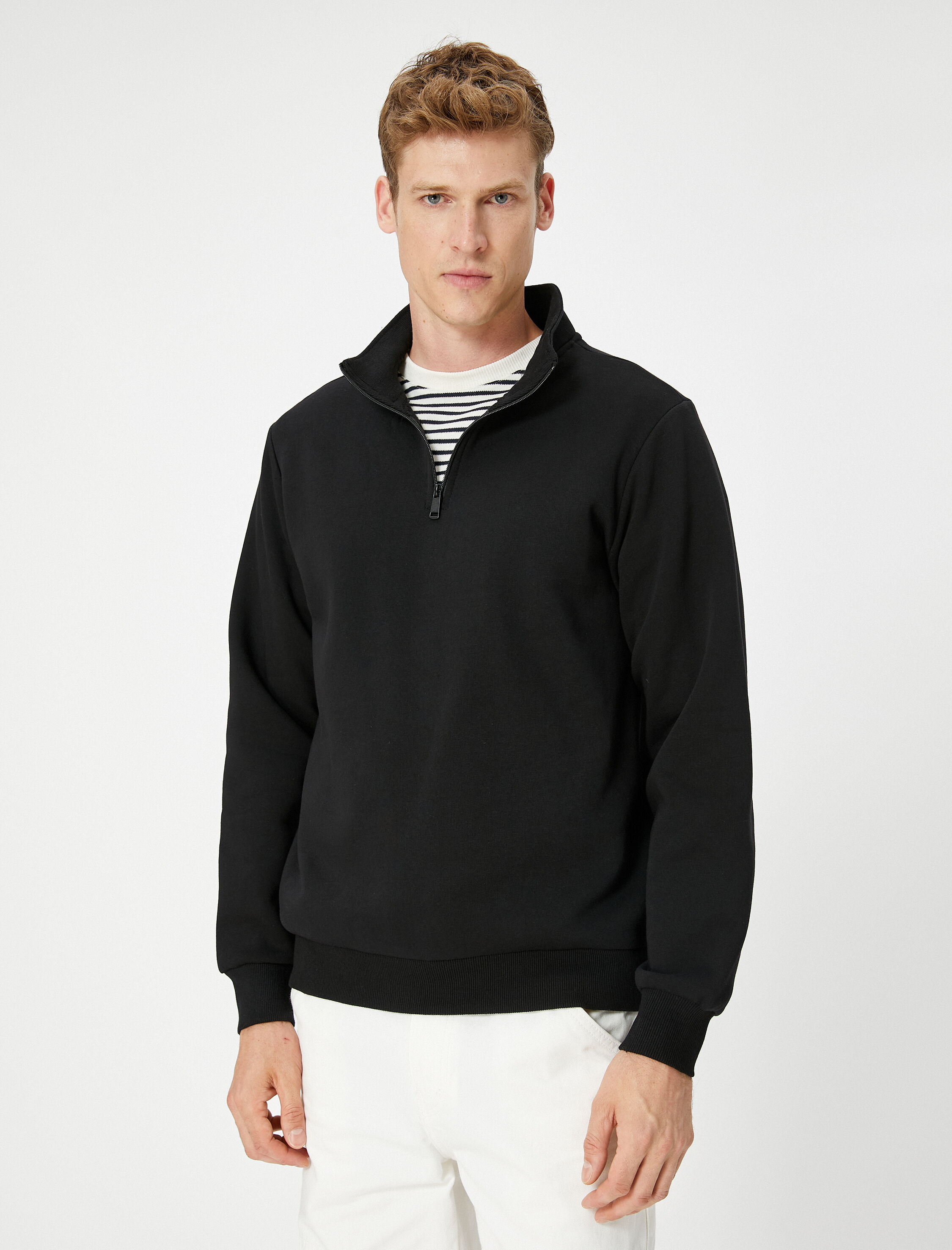   Yarım Fermuarlı Sweatshirt Dik Yaka Uzun Kollu Şardonlu