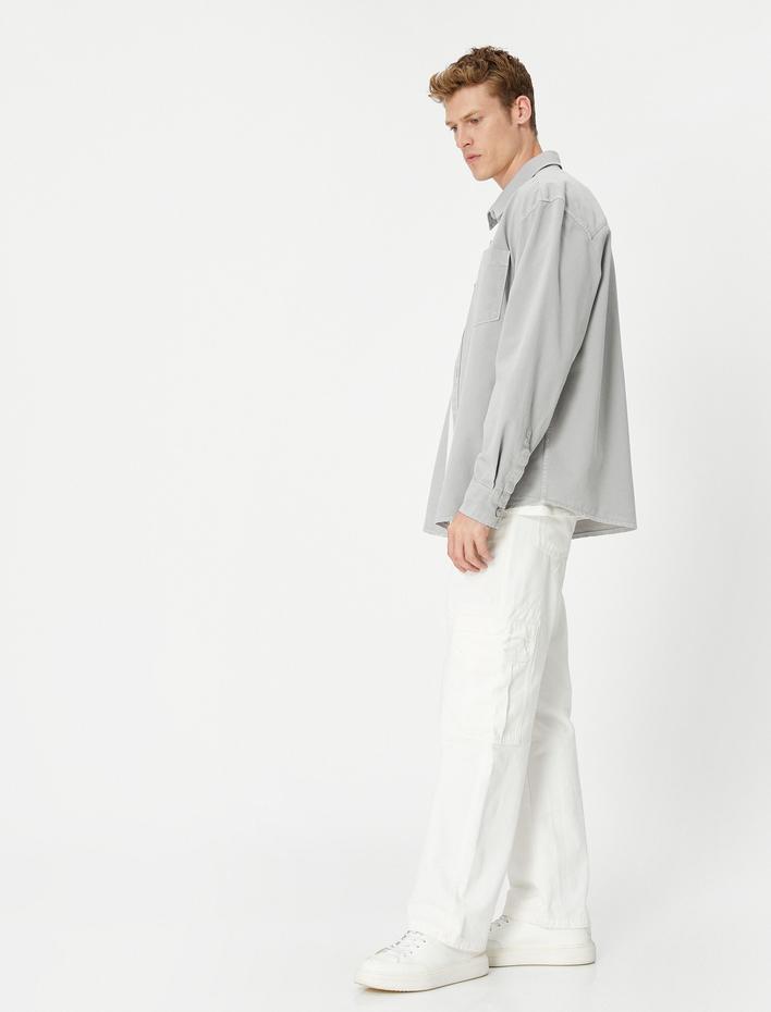  Kanvas Gömlek Klasik Yaka Cep Detaylı Düğmeli Etiket Baskılı Pamuklu