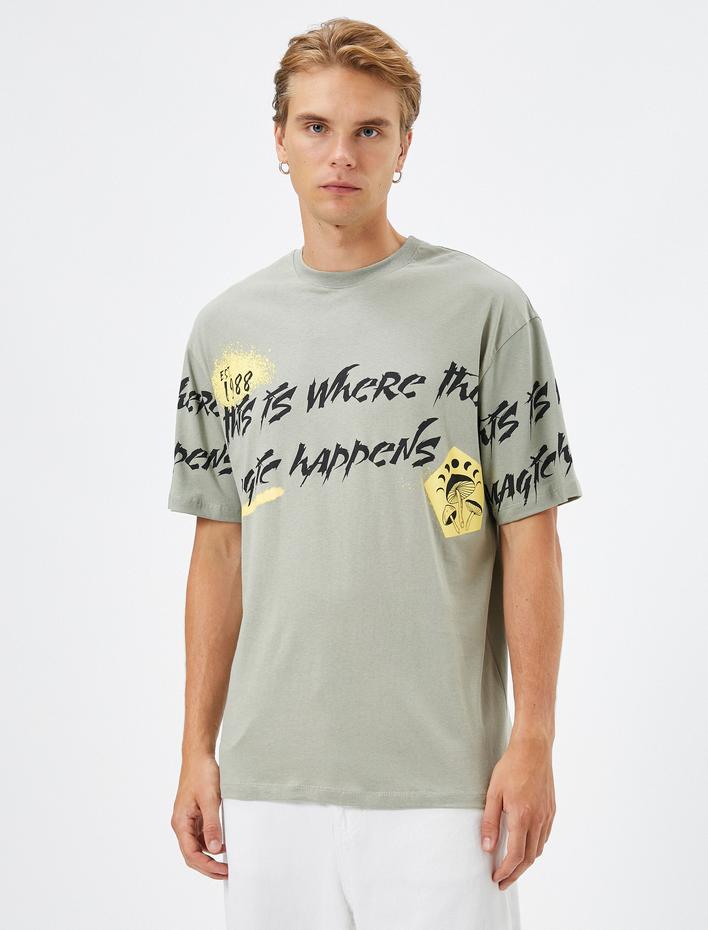  Slogan Baskılı Tişört Relax Fit Bisiklet Yaka Kısa Kollu