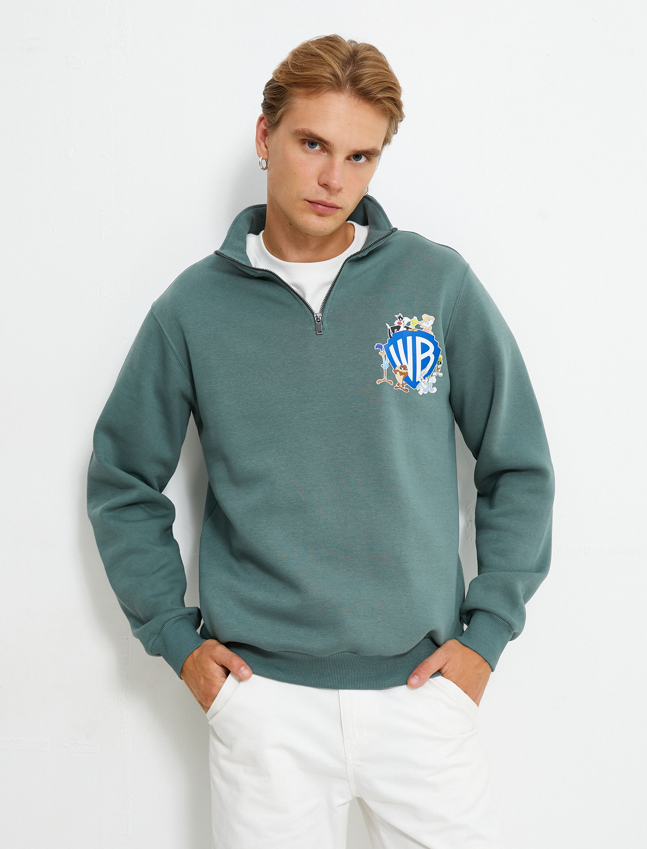   Warner Bros Yarım Fermuarlı Sweatshirt Lisanslı Baskılı Şardonlu
