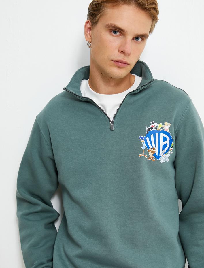  Warner Bros Yarım Fermuarlı Sweatshirt Lisanslı Baskılı Şardonlu