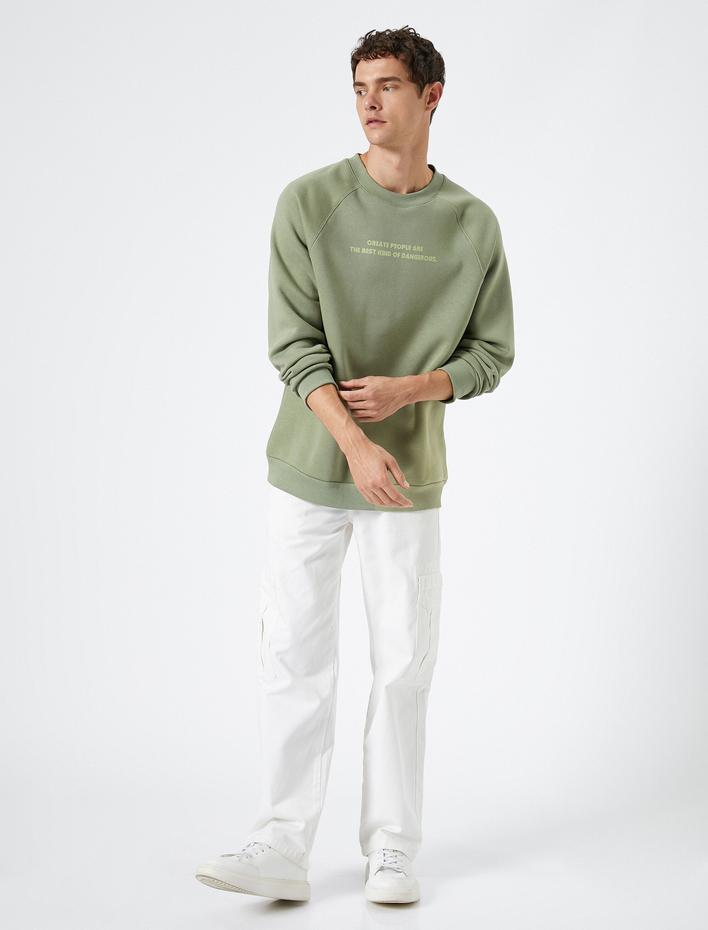  Slogan Baskılı Sweatshirt Reglan Kol Bisiklet Yaka Ribanalı Şardonlu