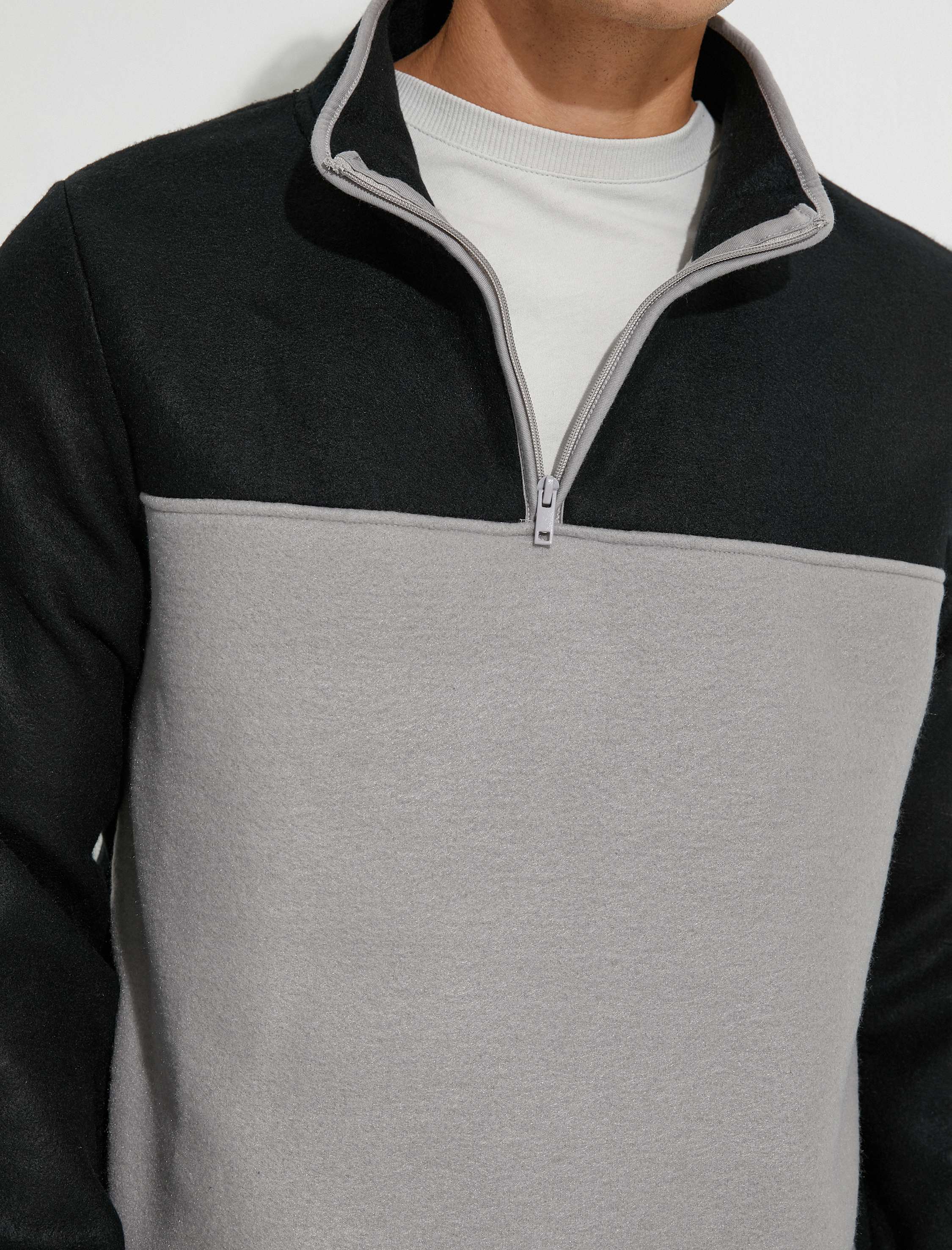   Polar Sweatshirt Yarım Fermuarlı Renk Bloklu Slogan Detaylı