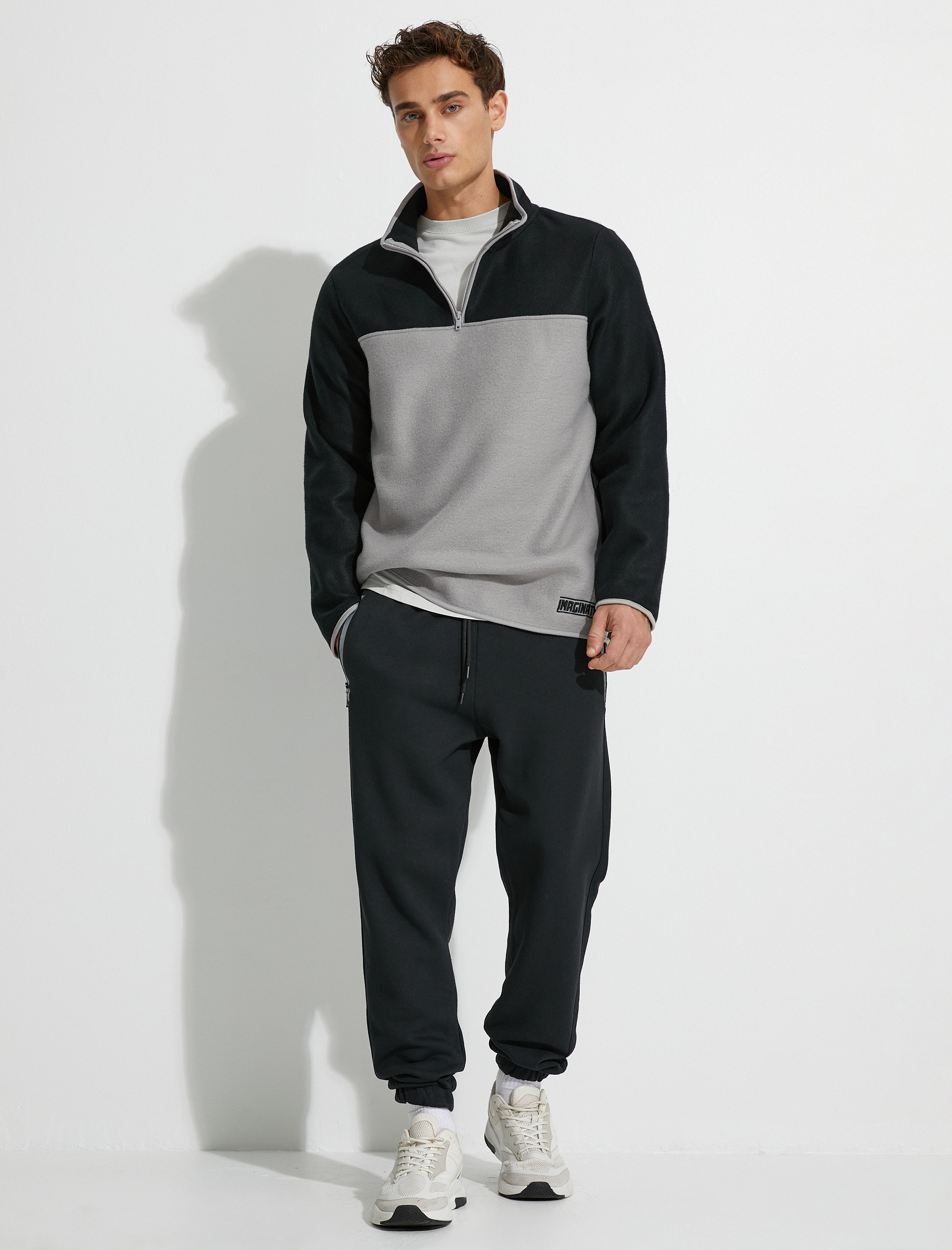   Polar Sweatshirt Yarım Fermuarlı Renk Bloklu Slogan Detaylı