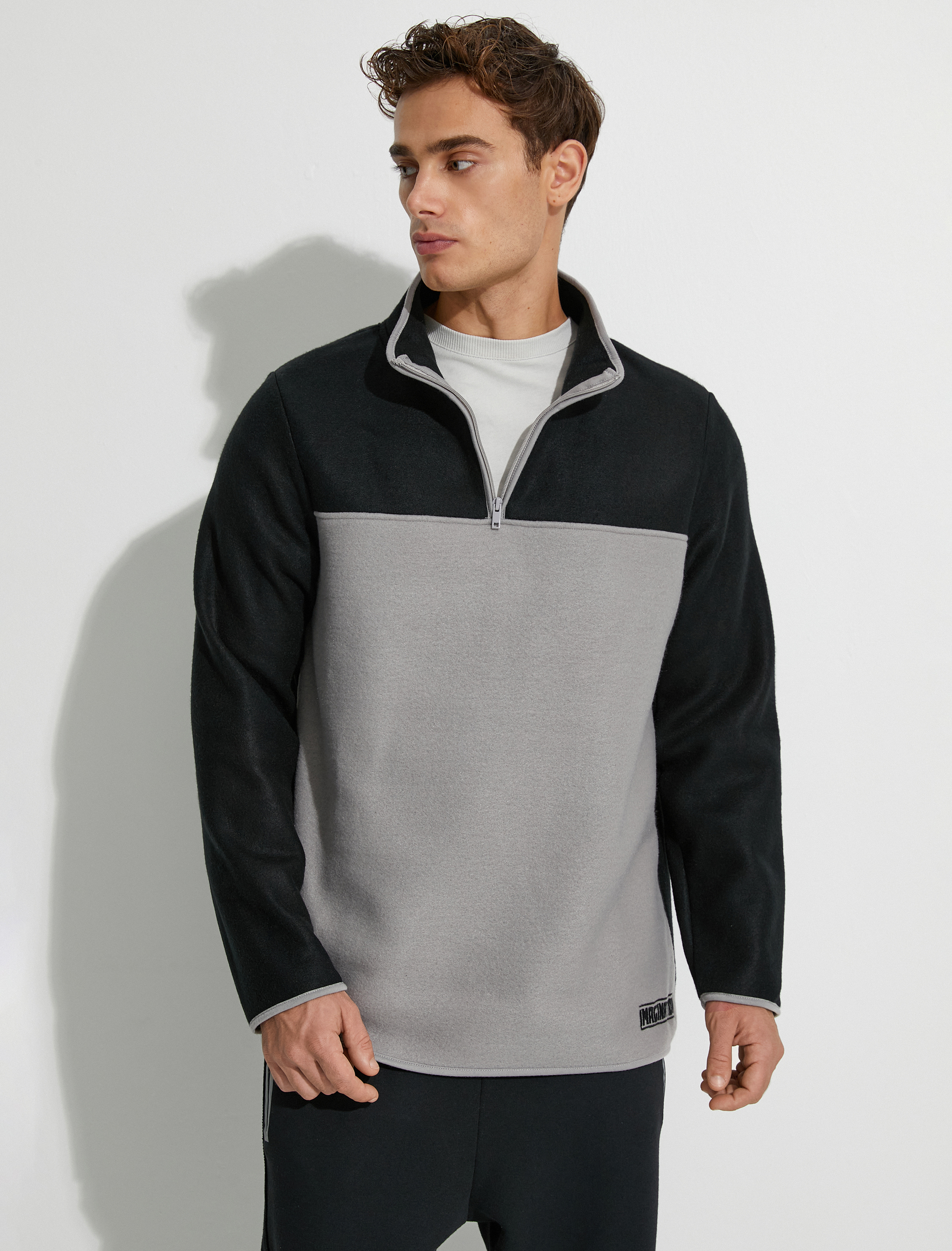   Polar Sweatshirt Yarım Fermuarlı Renk Bloklu Slogan Detaylı