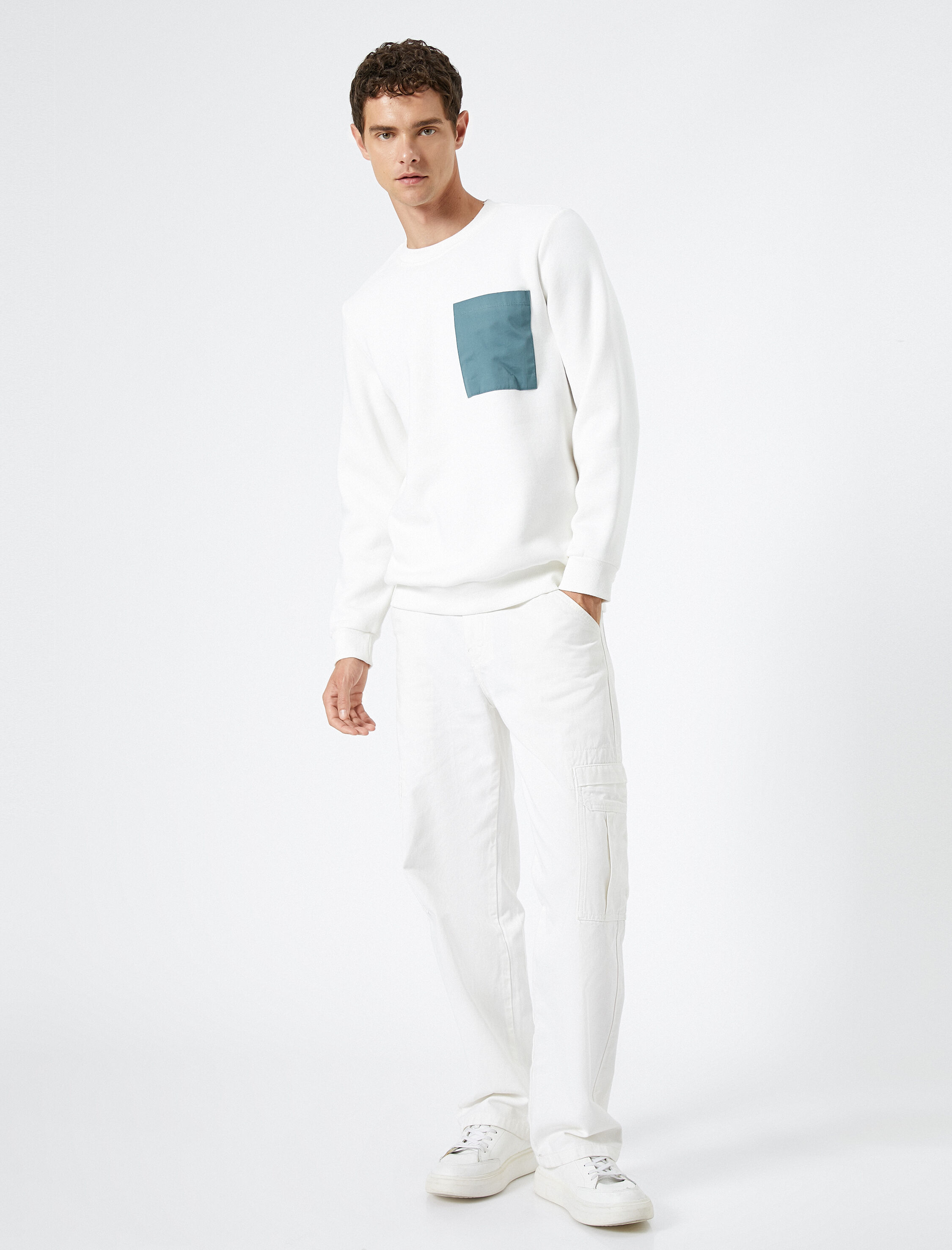   Bisiklet Yaka Sweatshirt Cep Detaylı Ribanalı Uzun Kollu Şardonlu