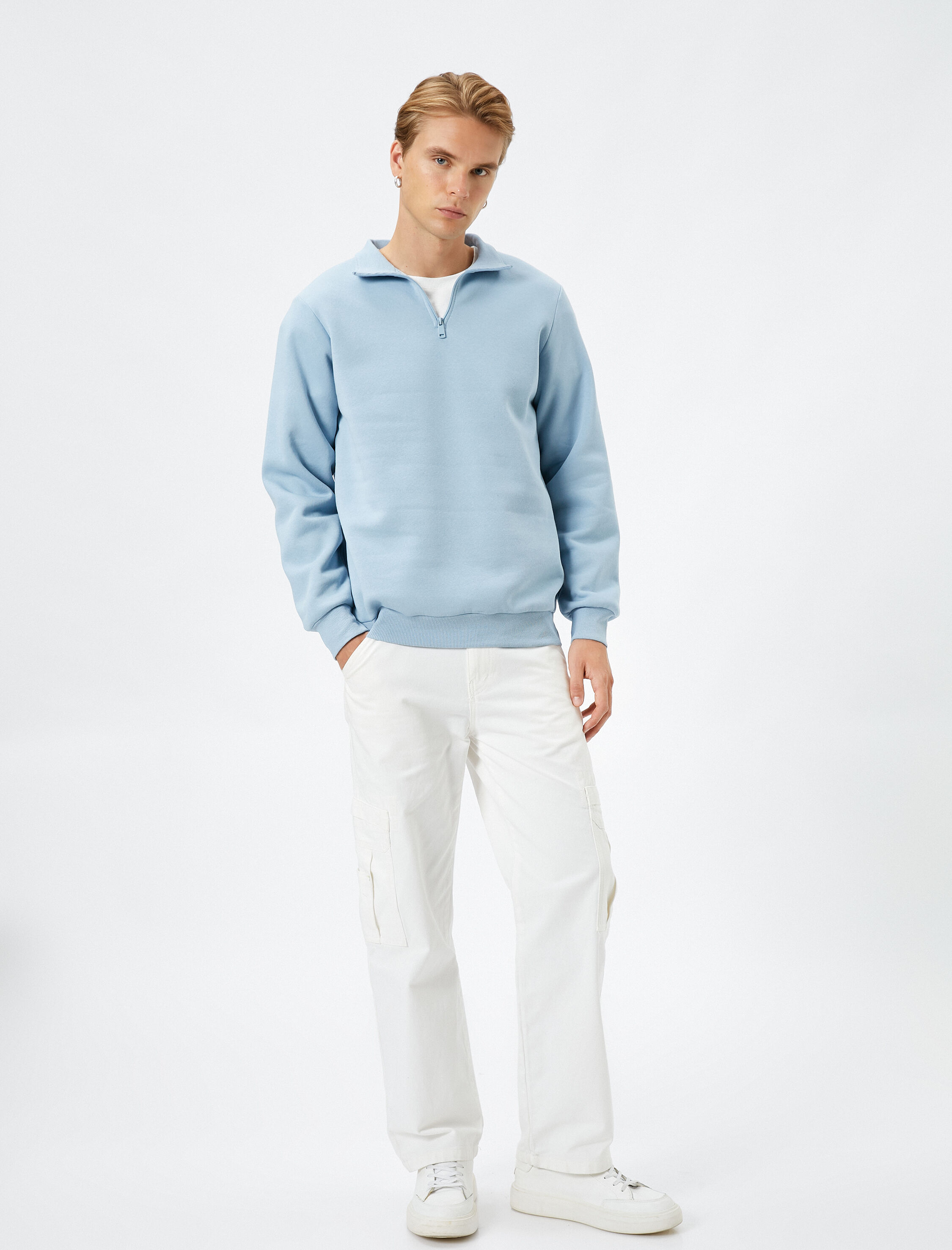   Yarım Fermuarlı Sweatshirt Dik Yaka Uzun Kollu Şardonlu