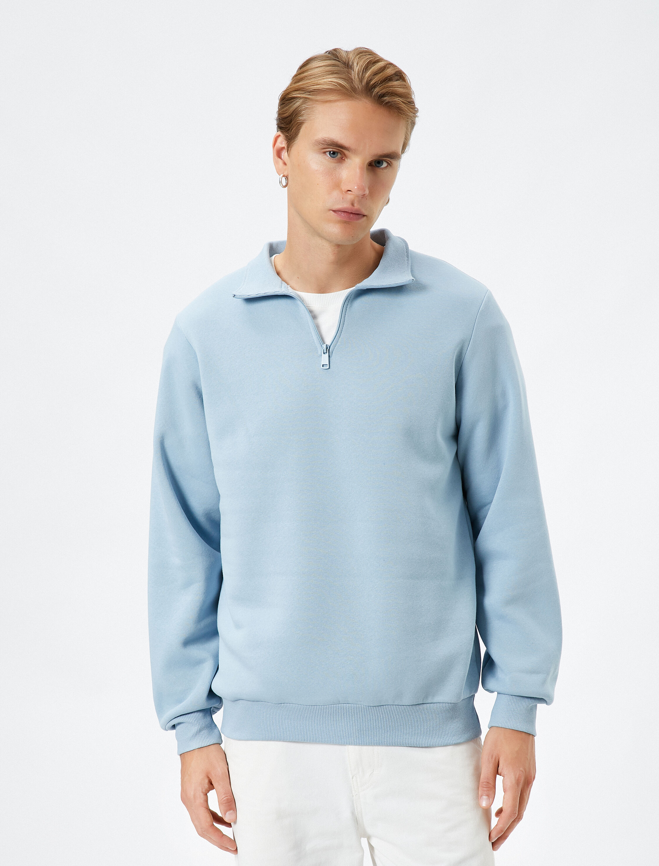   Yarım Fermuarlı Sweatshirt Dik Yaka Uzun Kollu Şardonlu