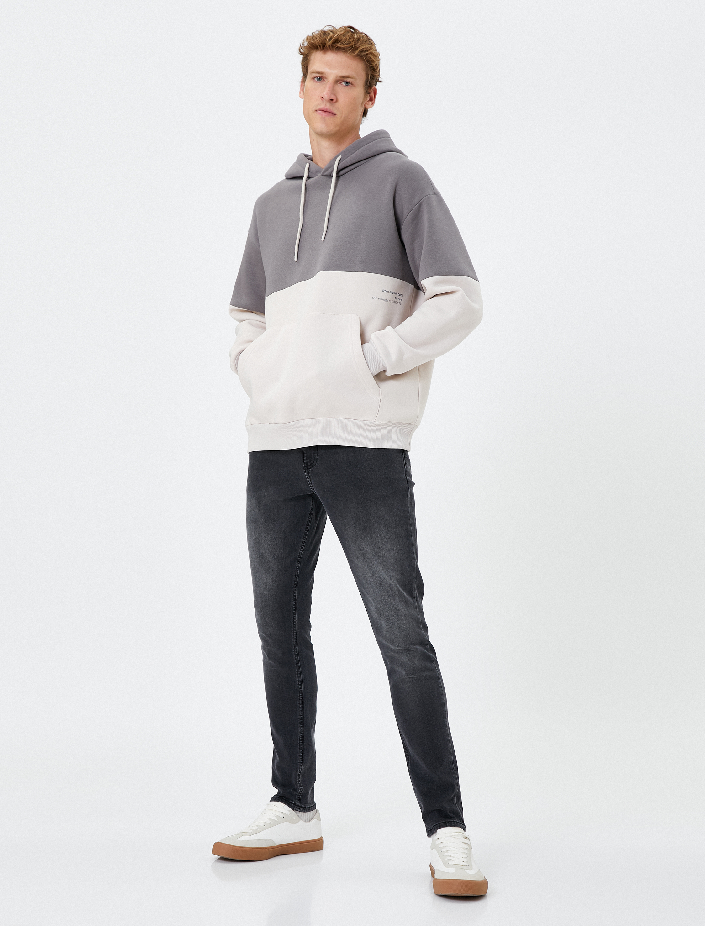   Kapşonlu Sweat Kanguru Cepli Renk Bloklu Şardonlu