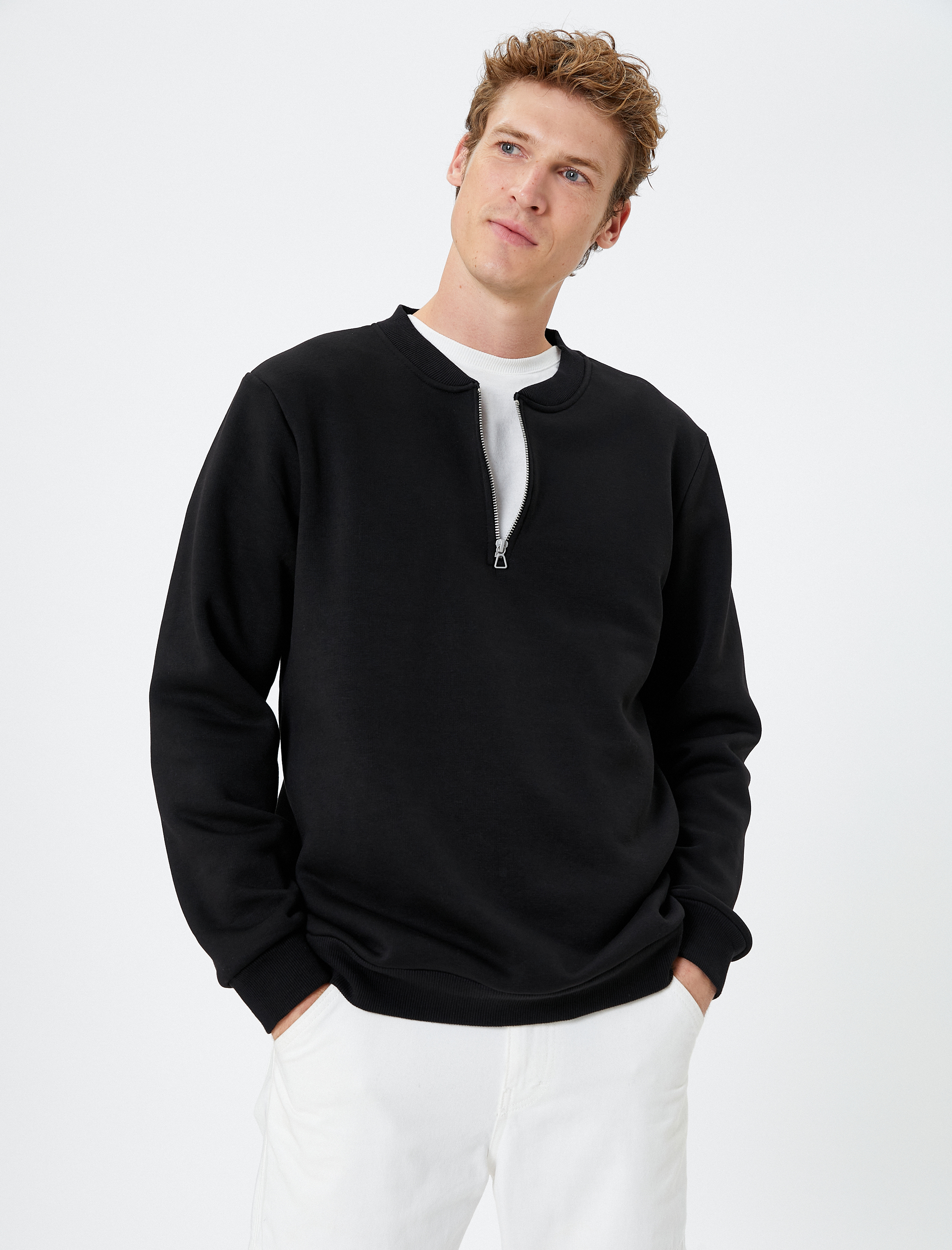 Yarım Fermuarlı Sweatshirt Kolej Yaka Uzun Kollu Ribanalı Şardonlu