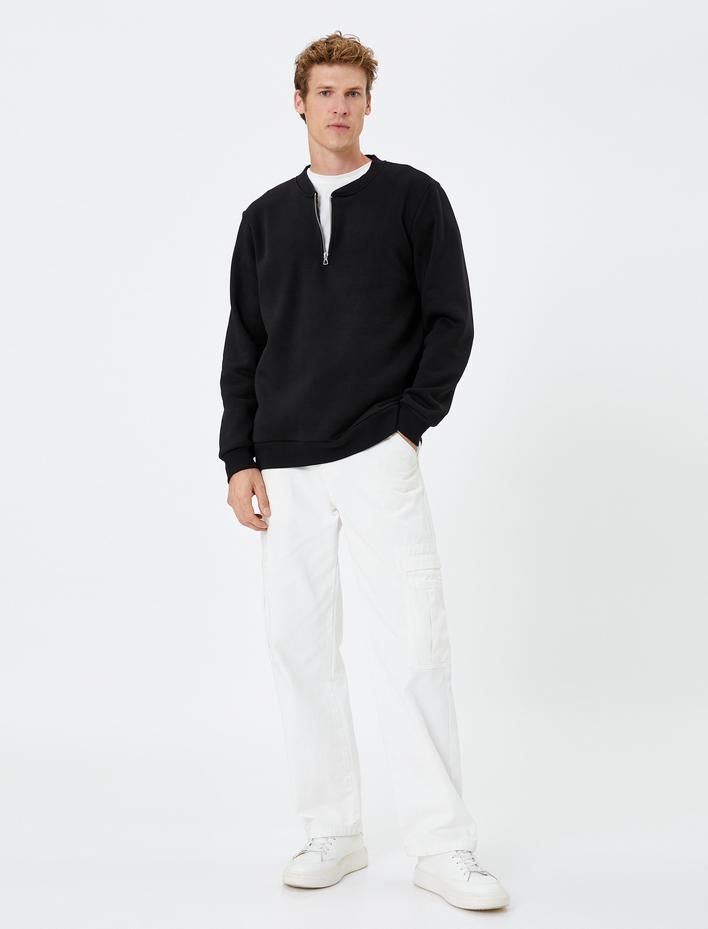  Yarım Fermuarlı Sweatshirt Kolej Yaka Uzun Kollu Ribanalı Şardonlu