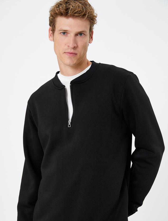  Yarım Fermuarlı Sweatshirt Kolej Yaka Uzun Kollu Ribanalı Şardonlu