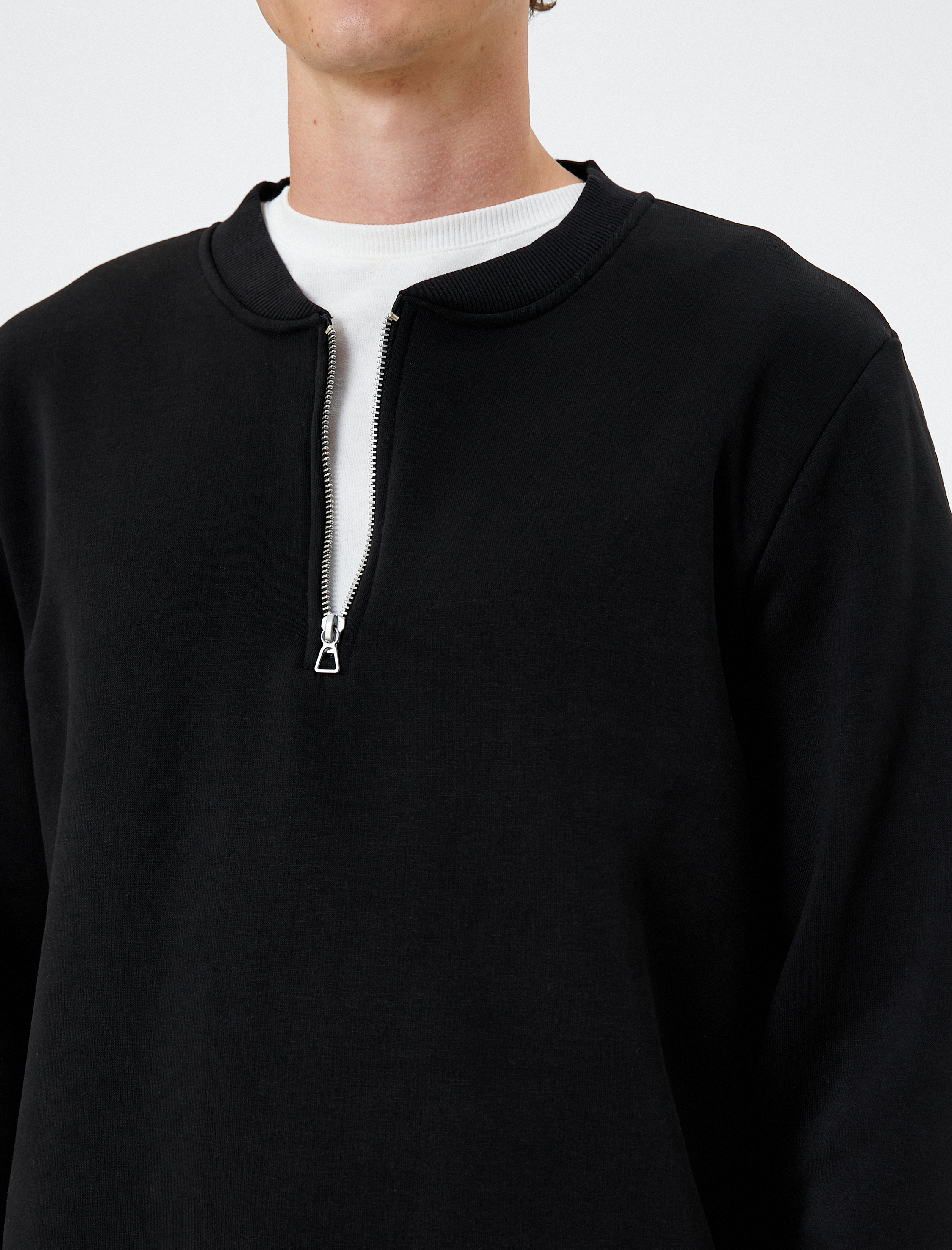 Yarım Fermuarlı Sweatshirt Kolej Yaka Uzun Kollu Ribanalı Şardonlu