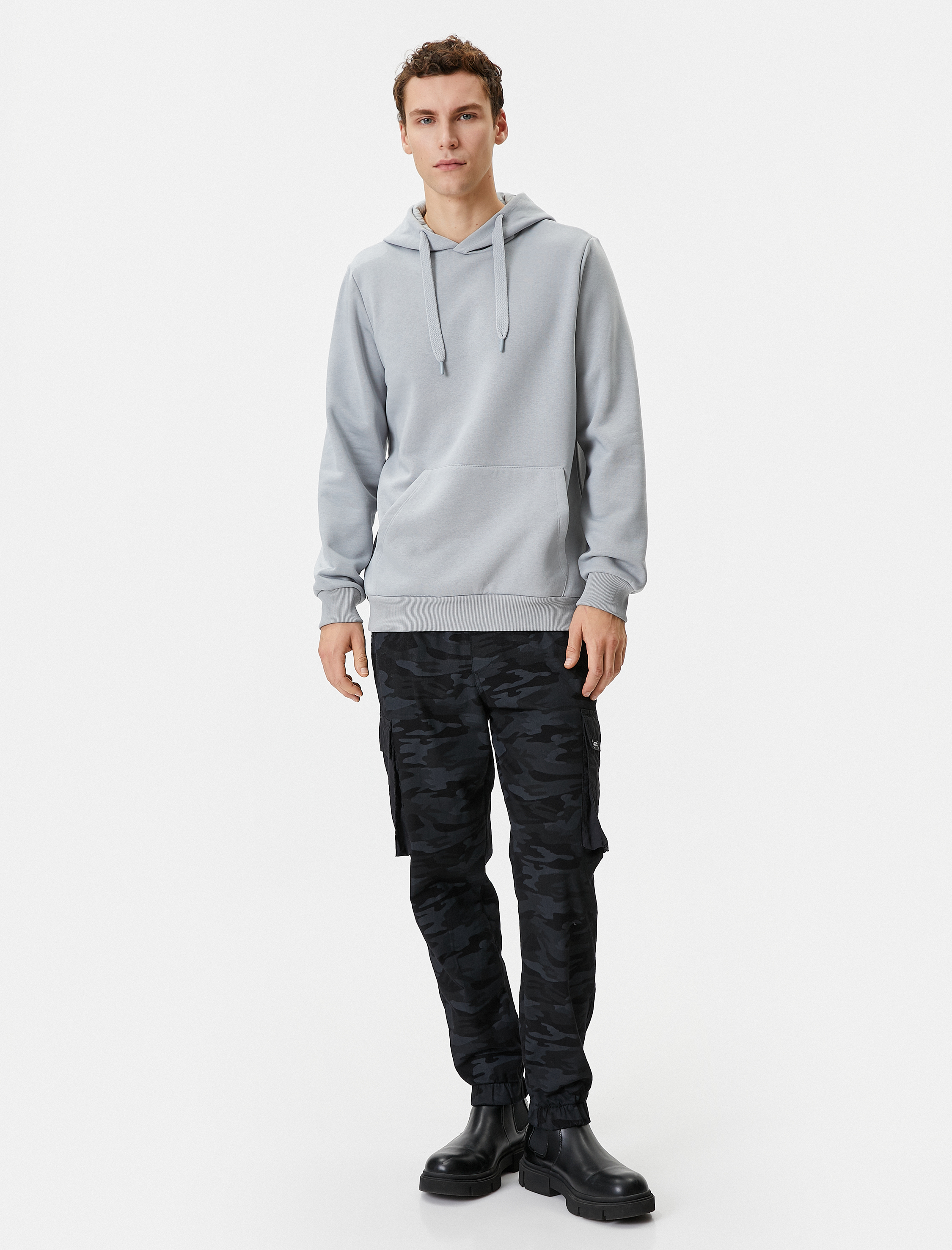   Kapşonlu Sweatshirt Kanguru Cep Detaylı Uzun Kollu Şardonlu