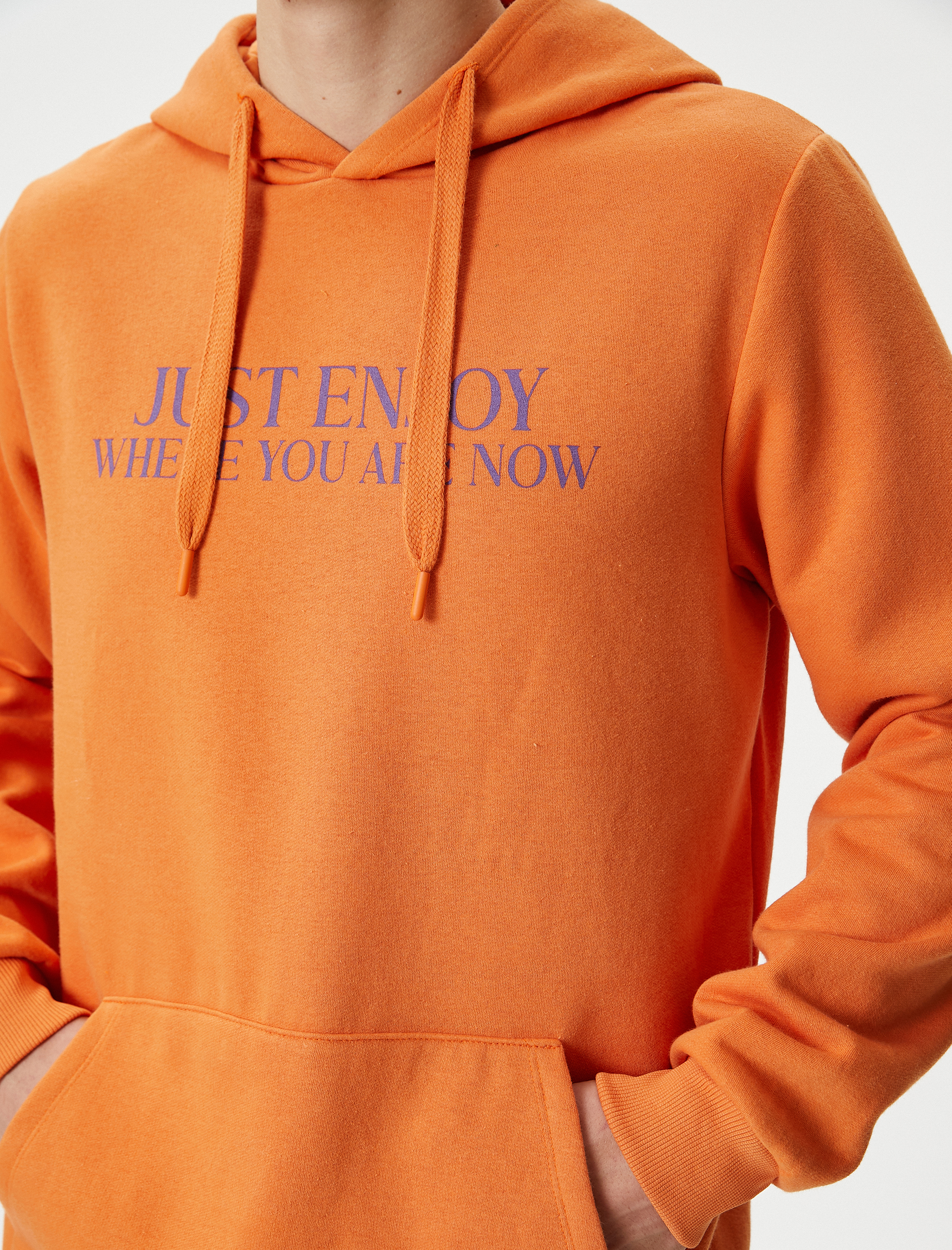   Slogan Baskılı Hoodie Kanguru Cep Detaylı Uzun Kollu Şardonlu