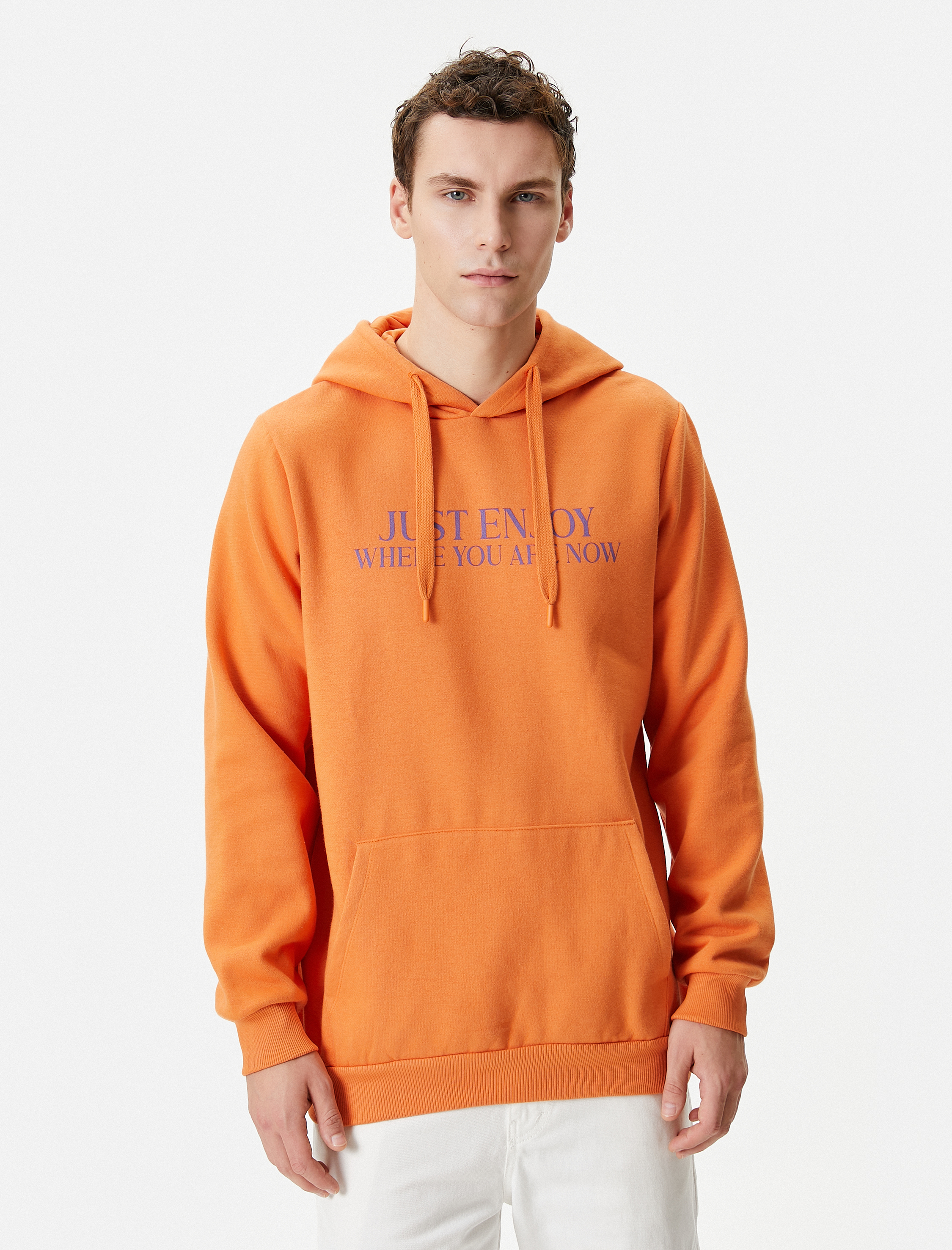   Slogan Baskılı Hoodie Kanguru Cep Detaylı Uzun Kollu Şardonlu